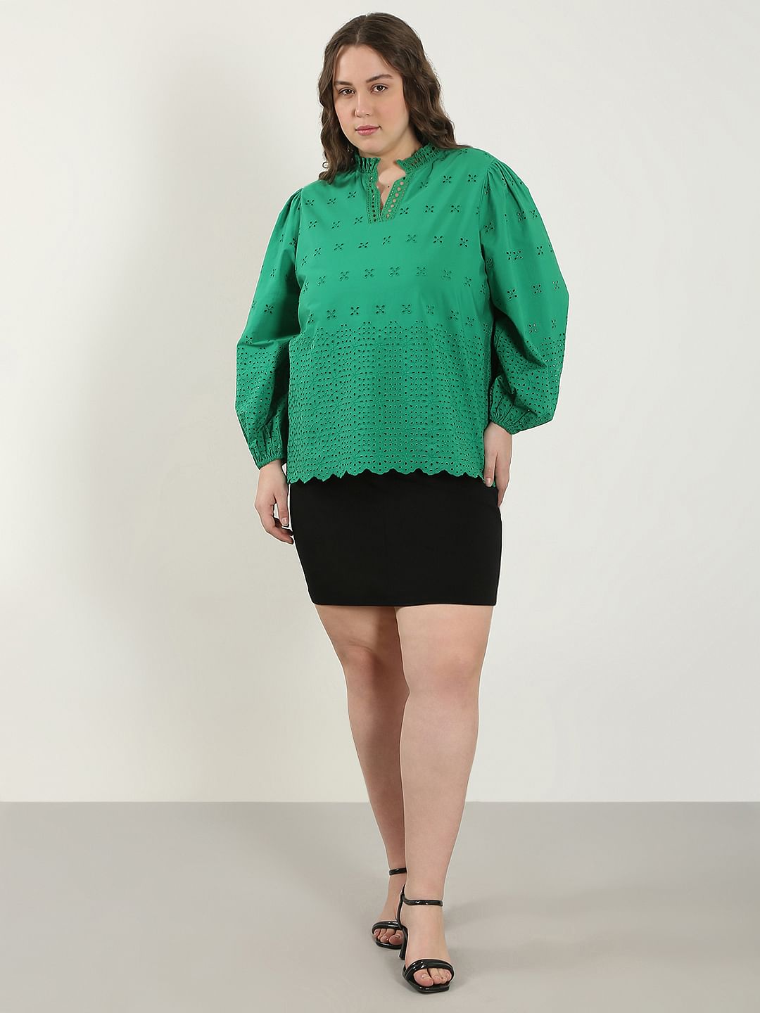 Curve Green Schiffli Cotton Top