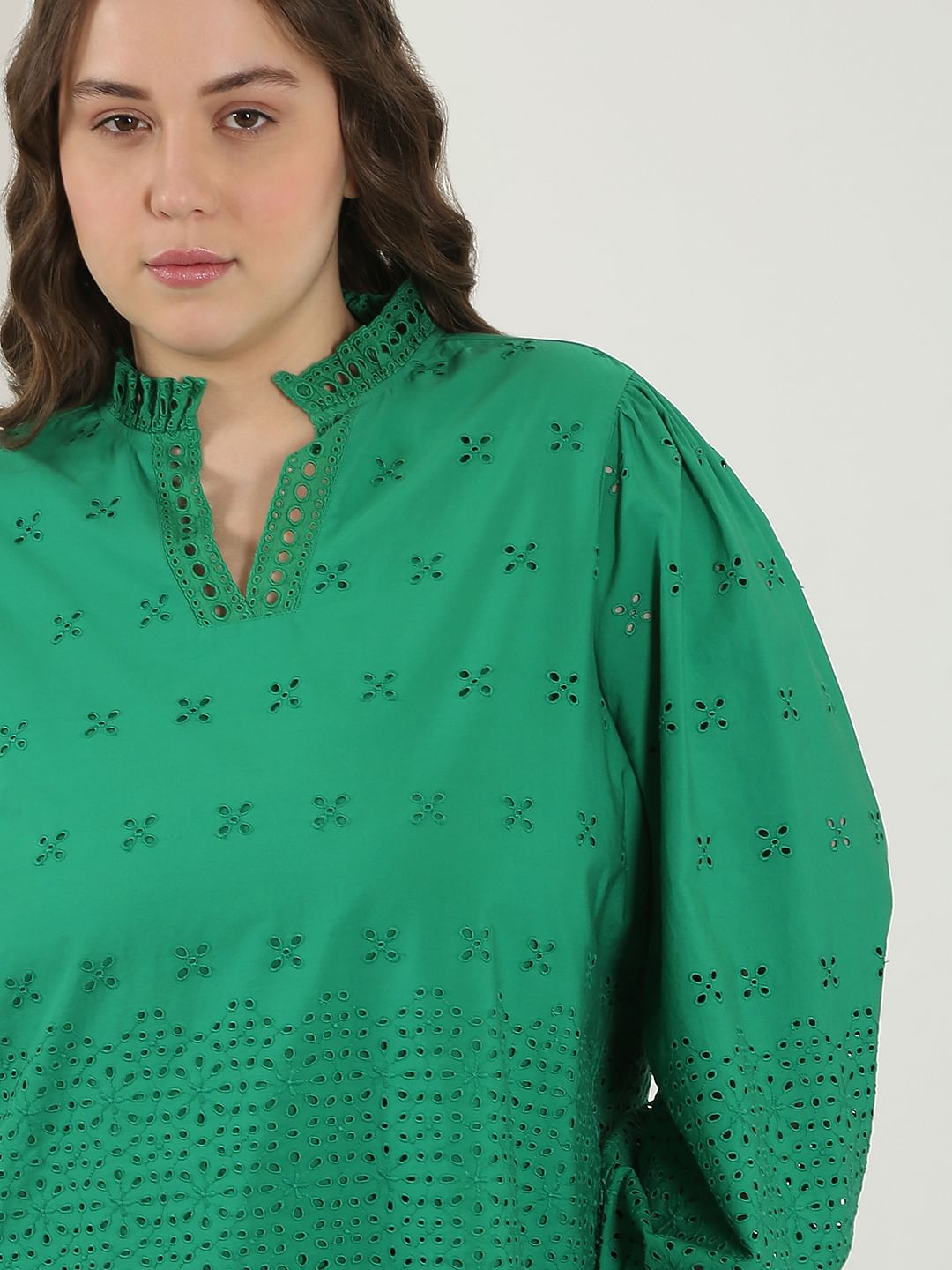 Curve Green Schiffli Cotton Top