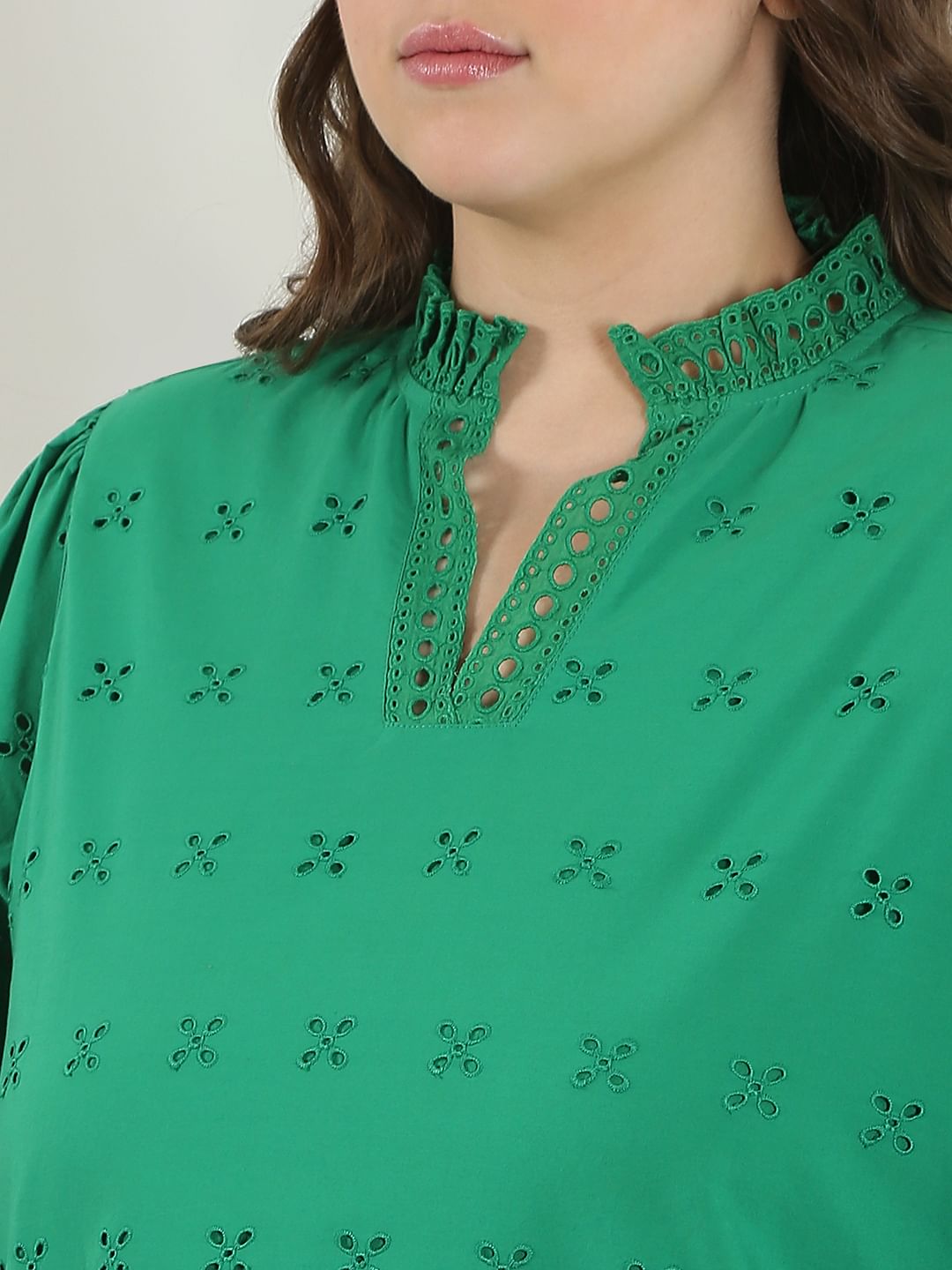 Curve Green Schiffli Cotton Top