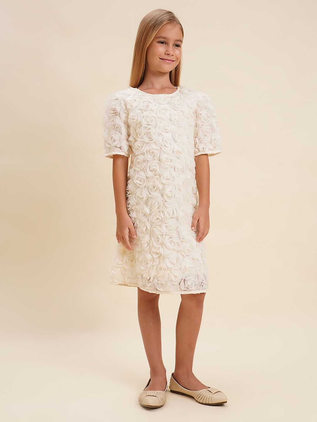 Girls White Rose Textured Shift Dress