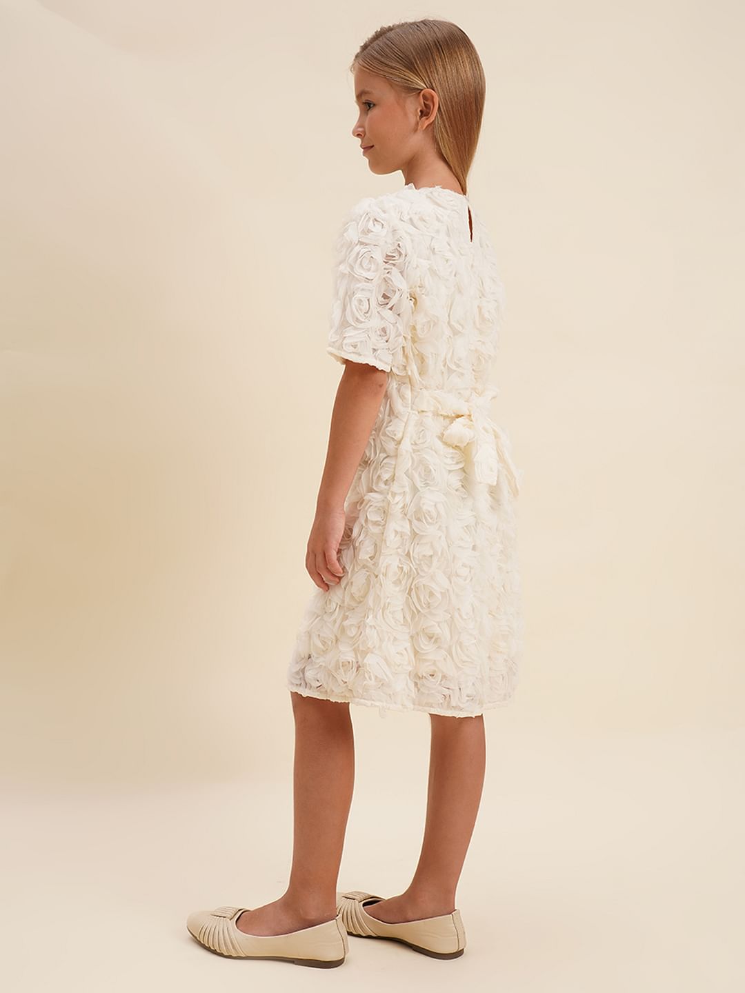 Girls White Rose Textured Shift Dress