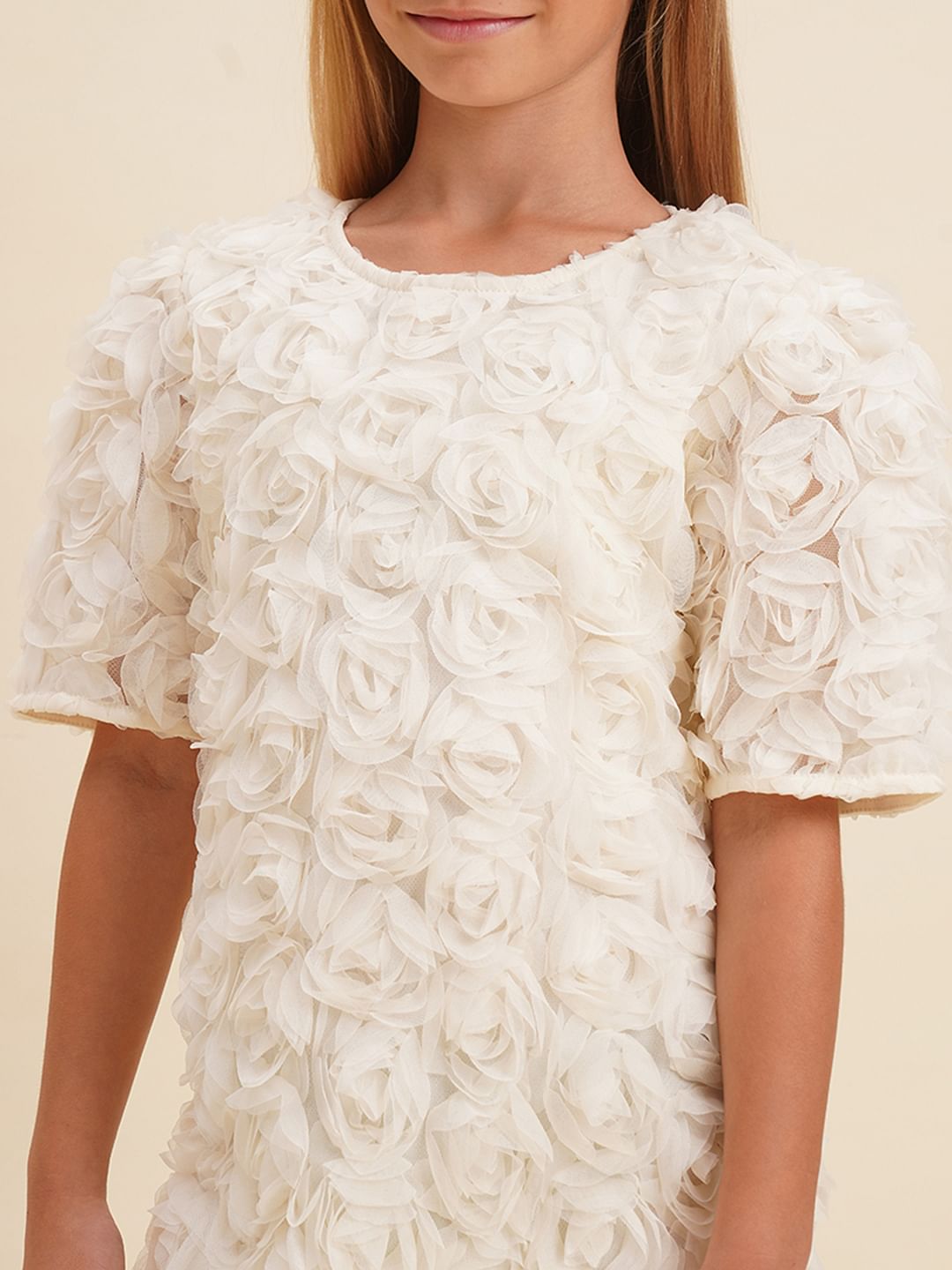 Girls White Rose Textured Shift Dress