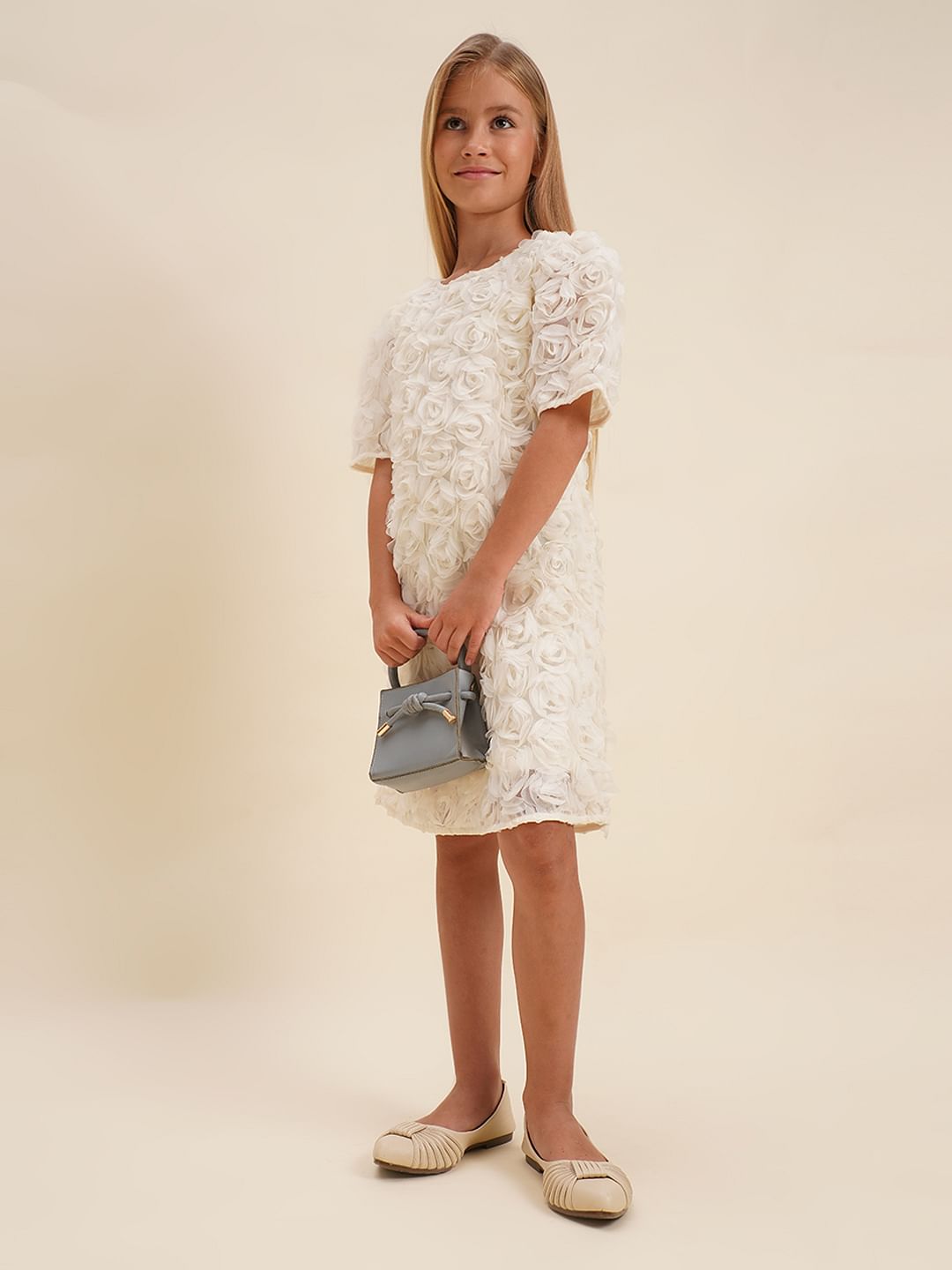 Girls White Rose Textured Shift Dress