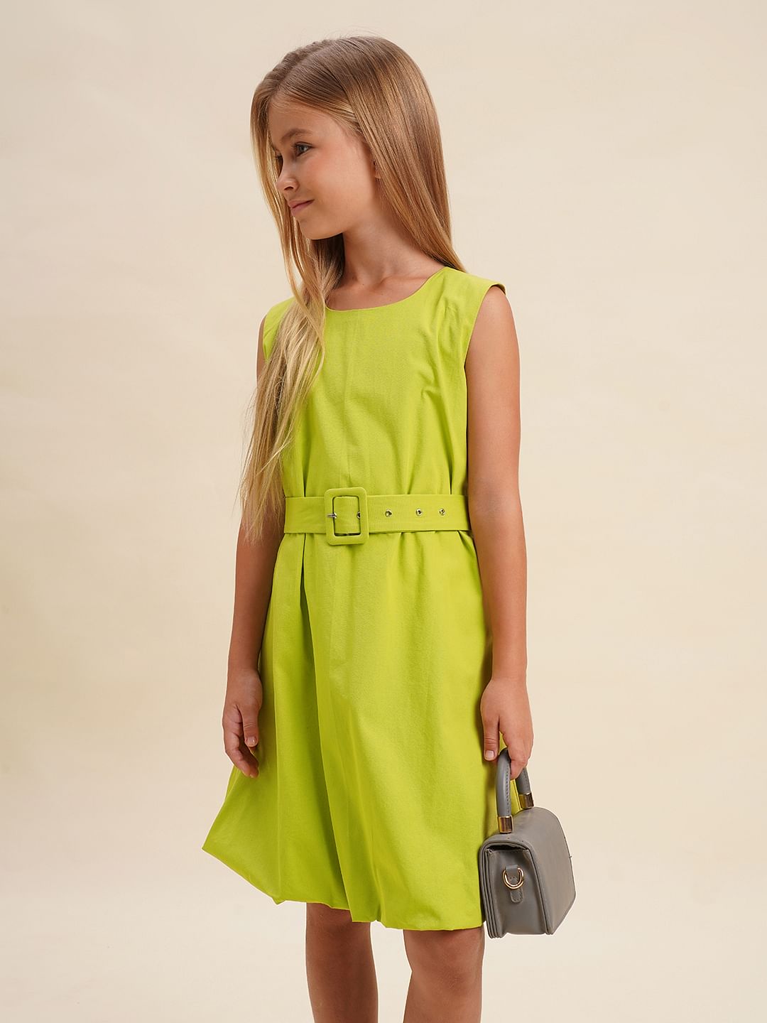Girls Green Cotton Belted Shift Dress