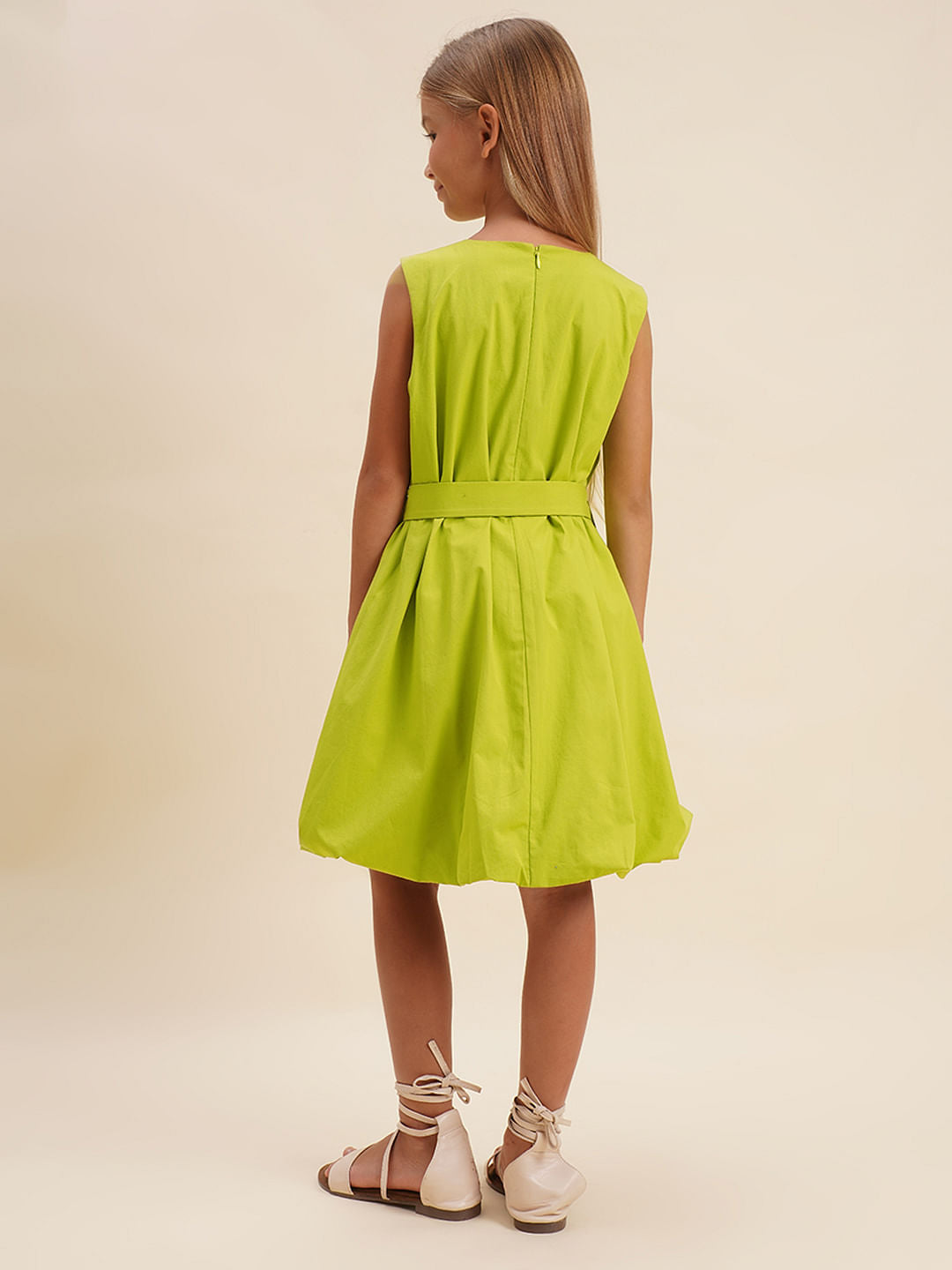 Girls Green Cotton Belted Shift Dress