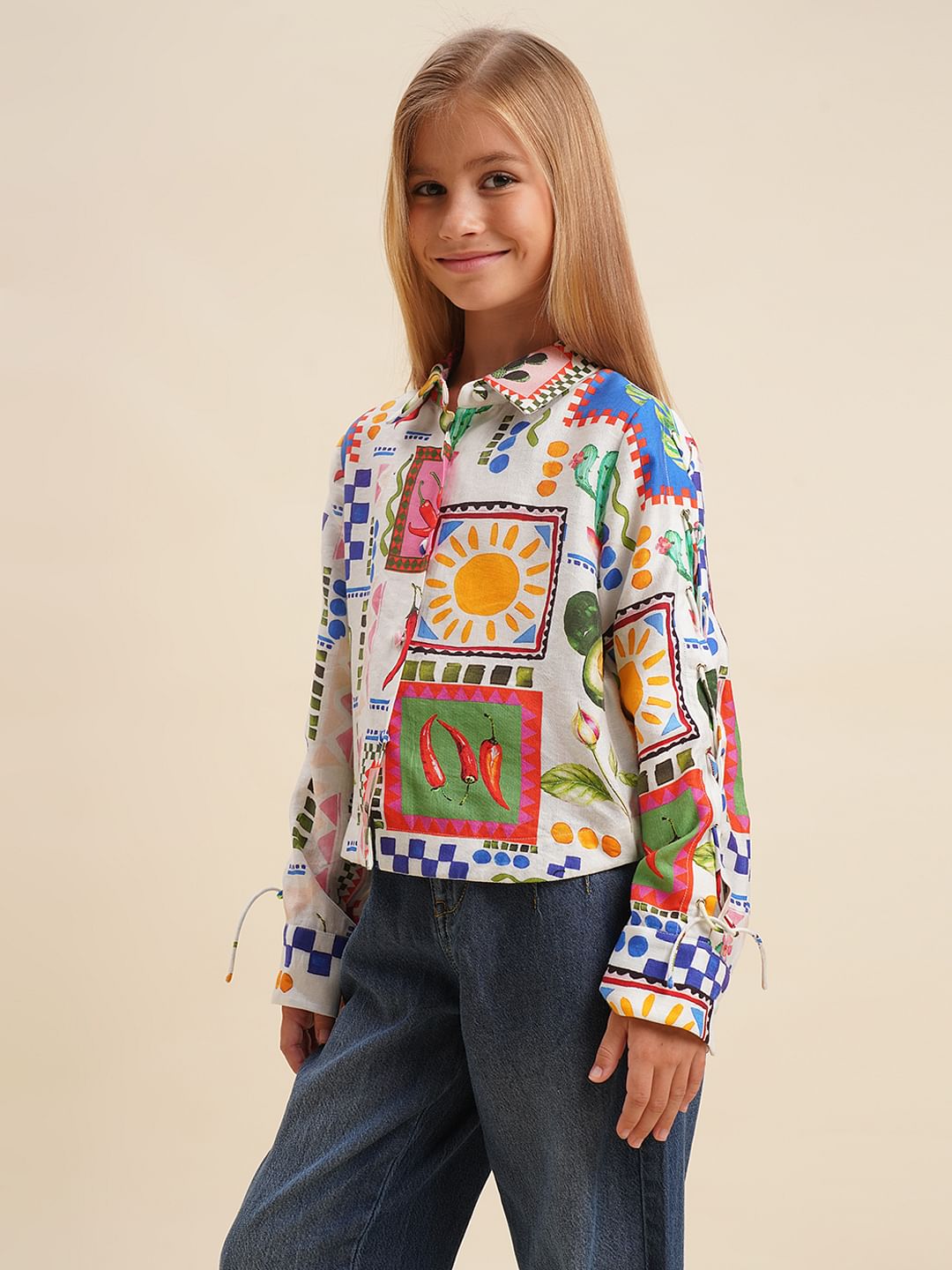 Girls White Printed Cotton Shirt