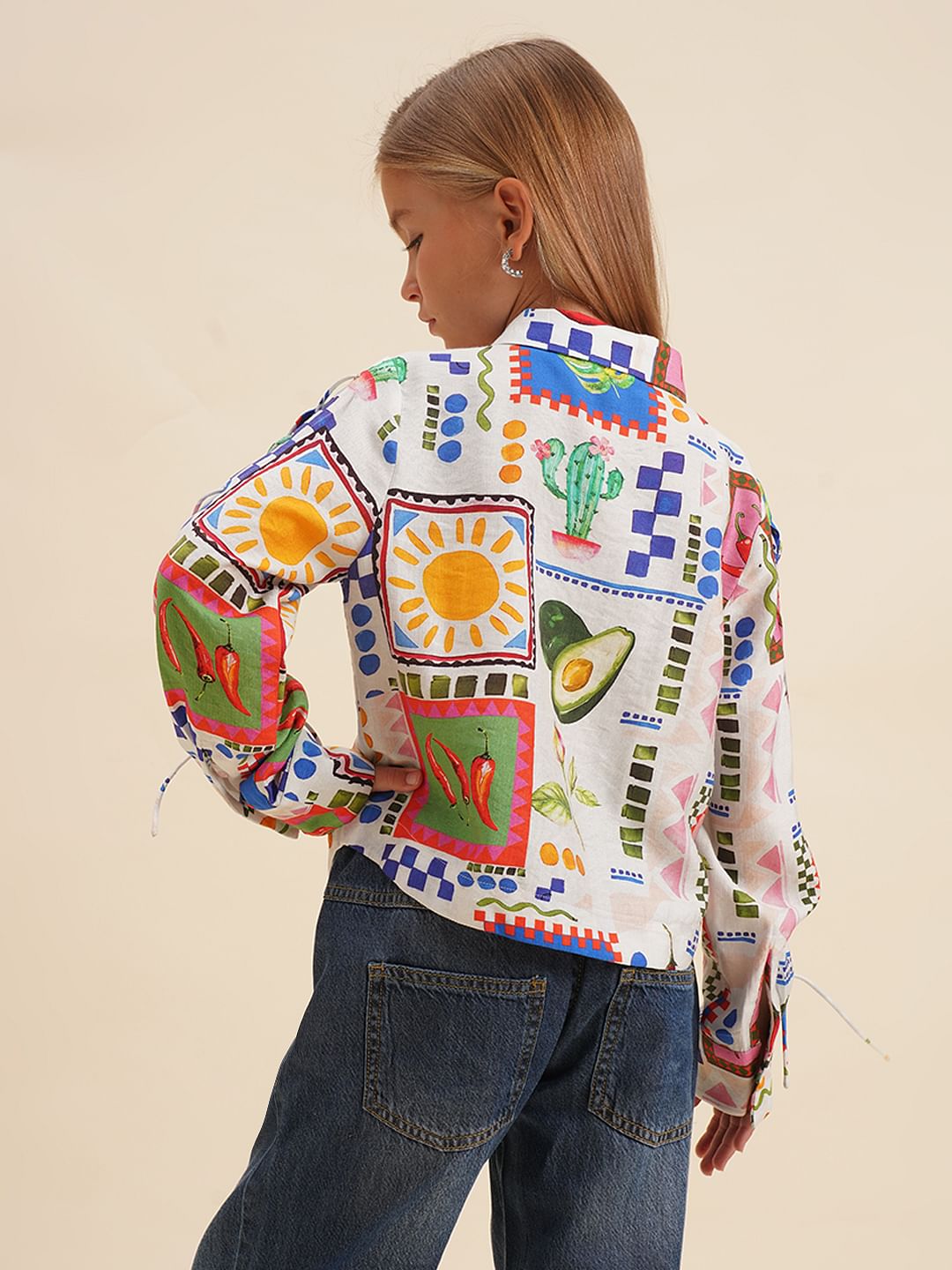 Girls White Printed Cotton Shirt