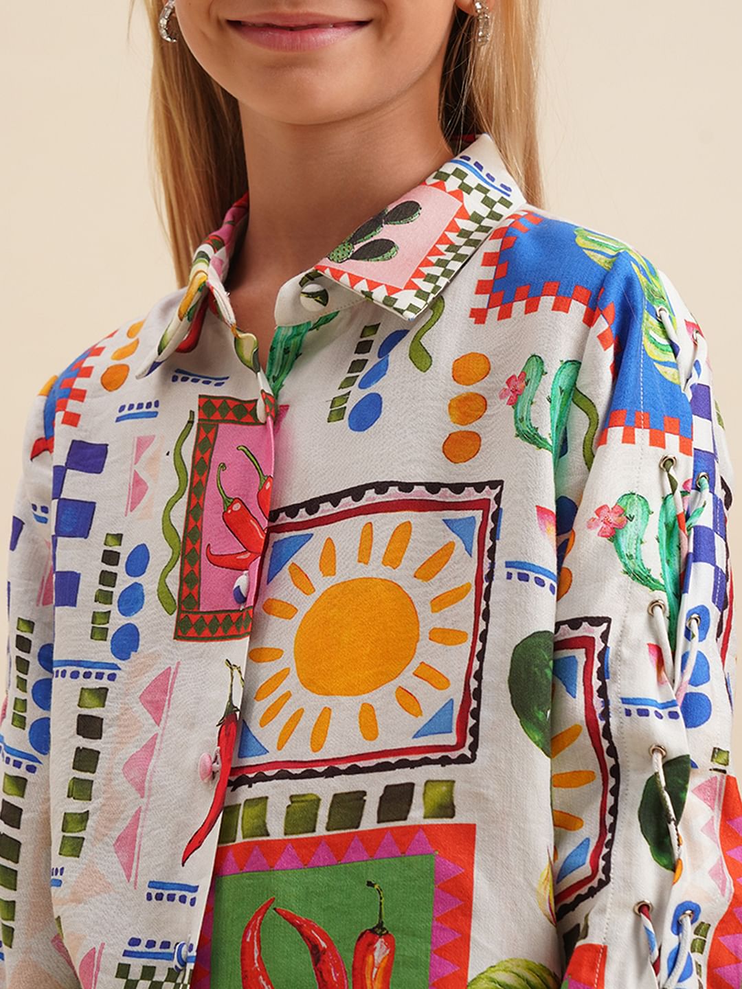 Girls White Printed Cotton Shirt