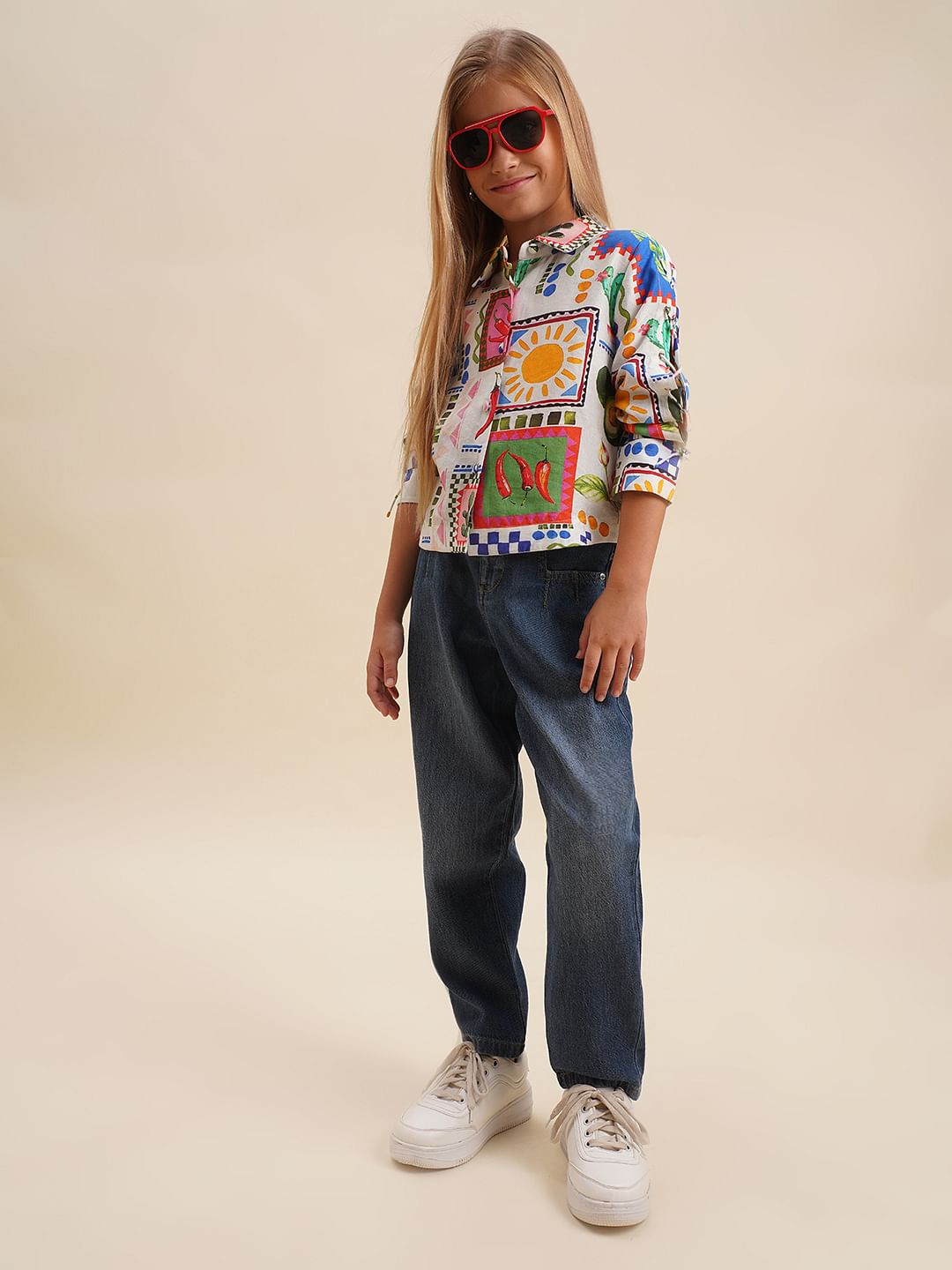 Girls White Printed Cotton Shirt