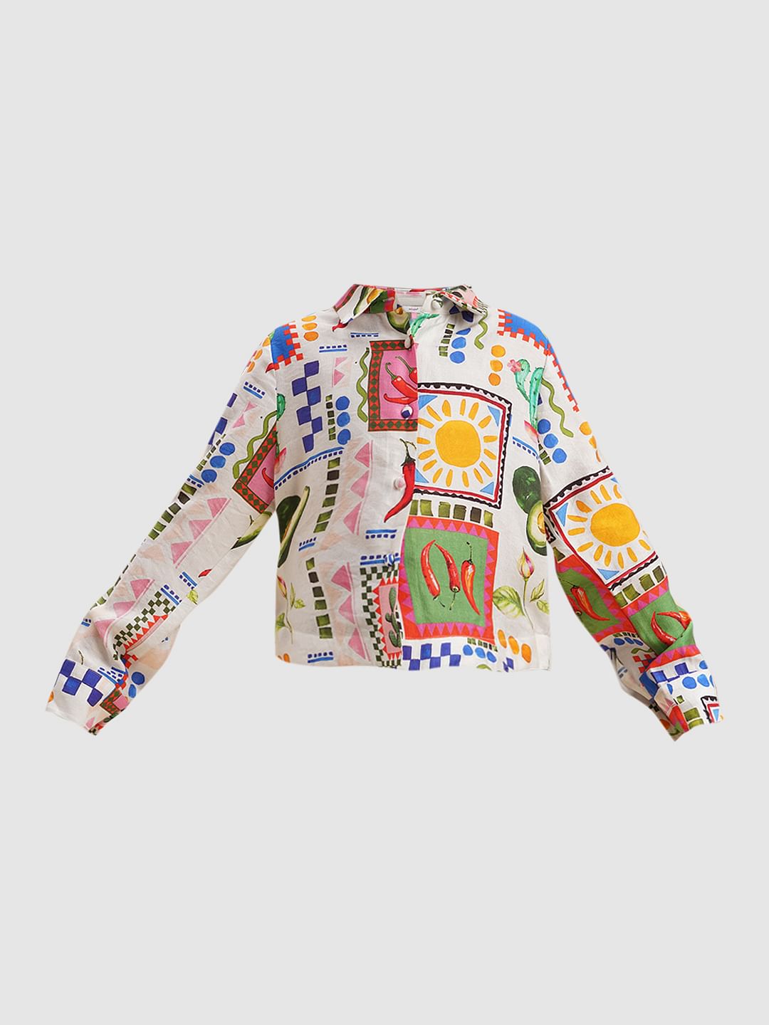 Girls White Printed Cotton Shirt