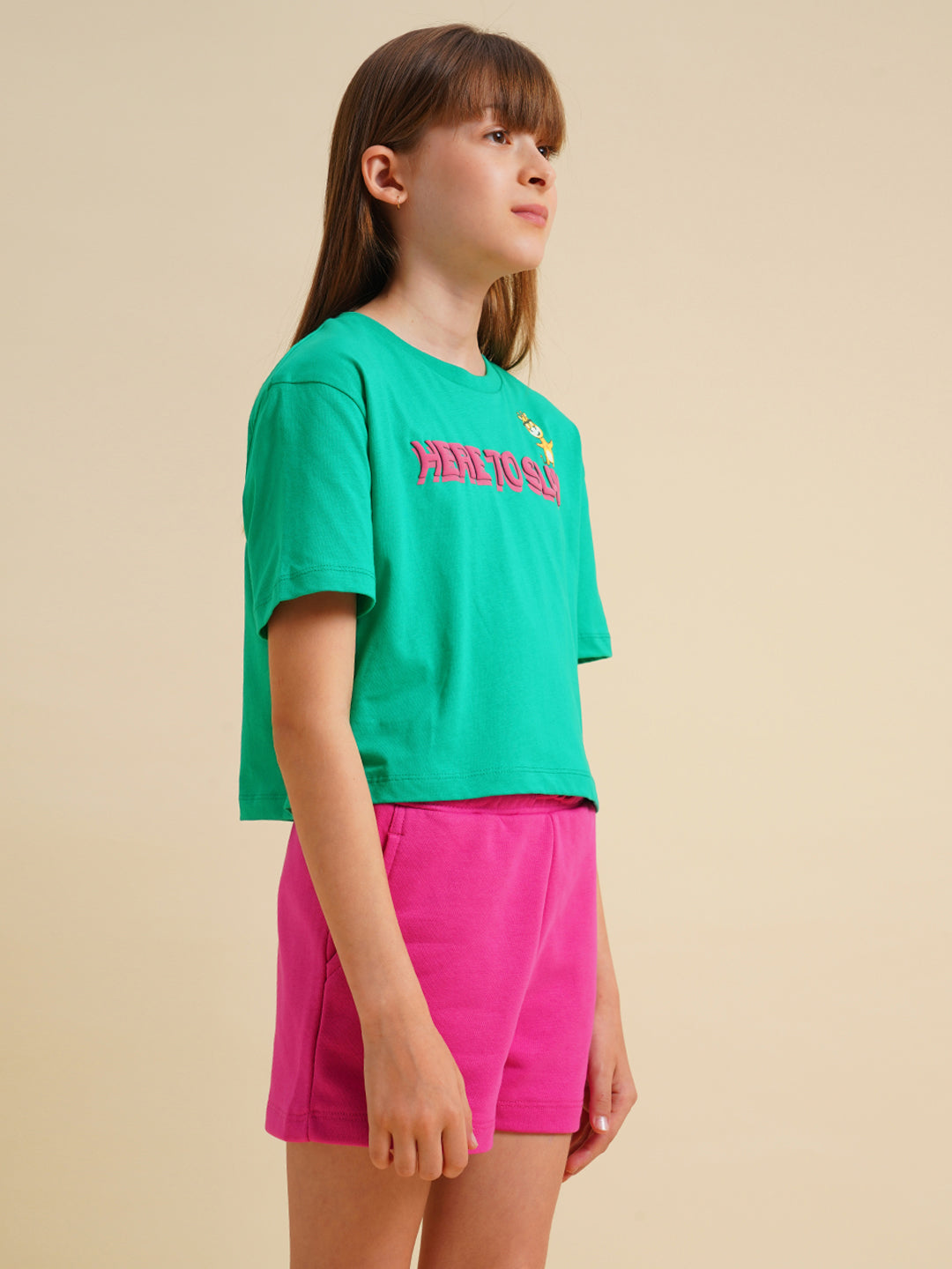 Girls Green Printed Boxy Fit T-shirt