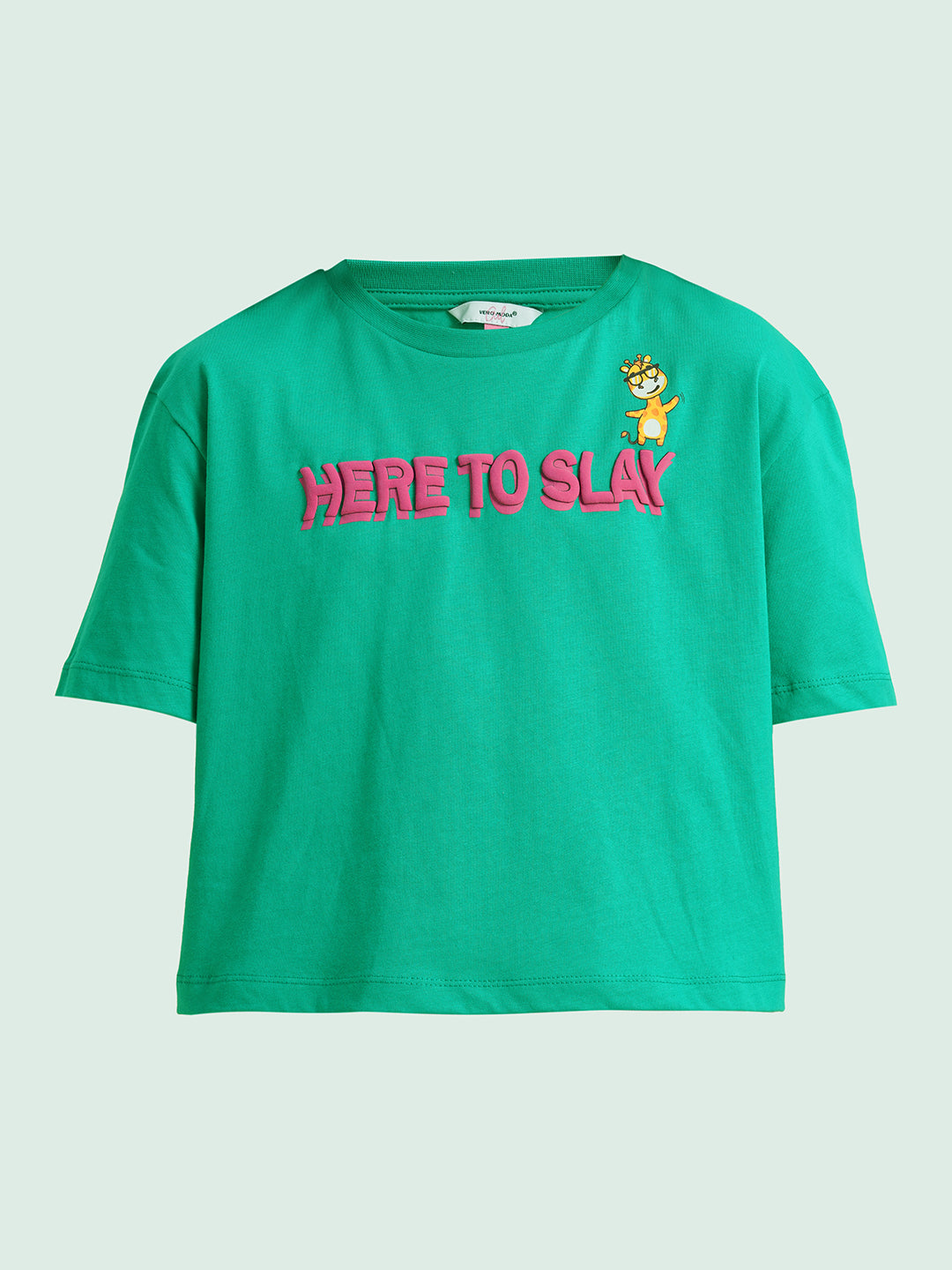 Girls Green Printed Boxy Fit T-shirt