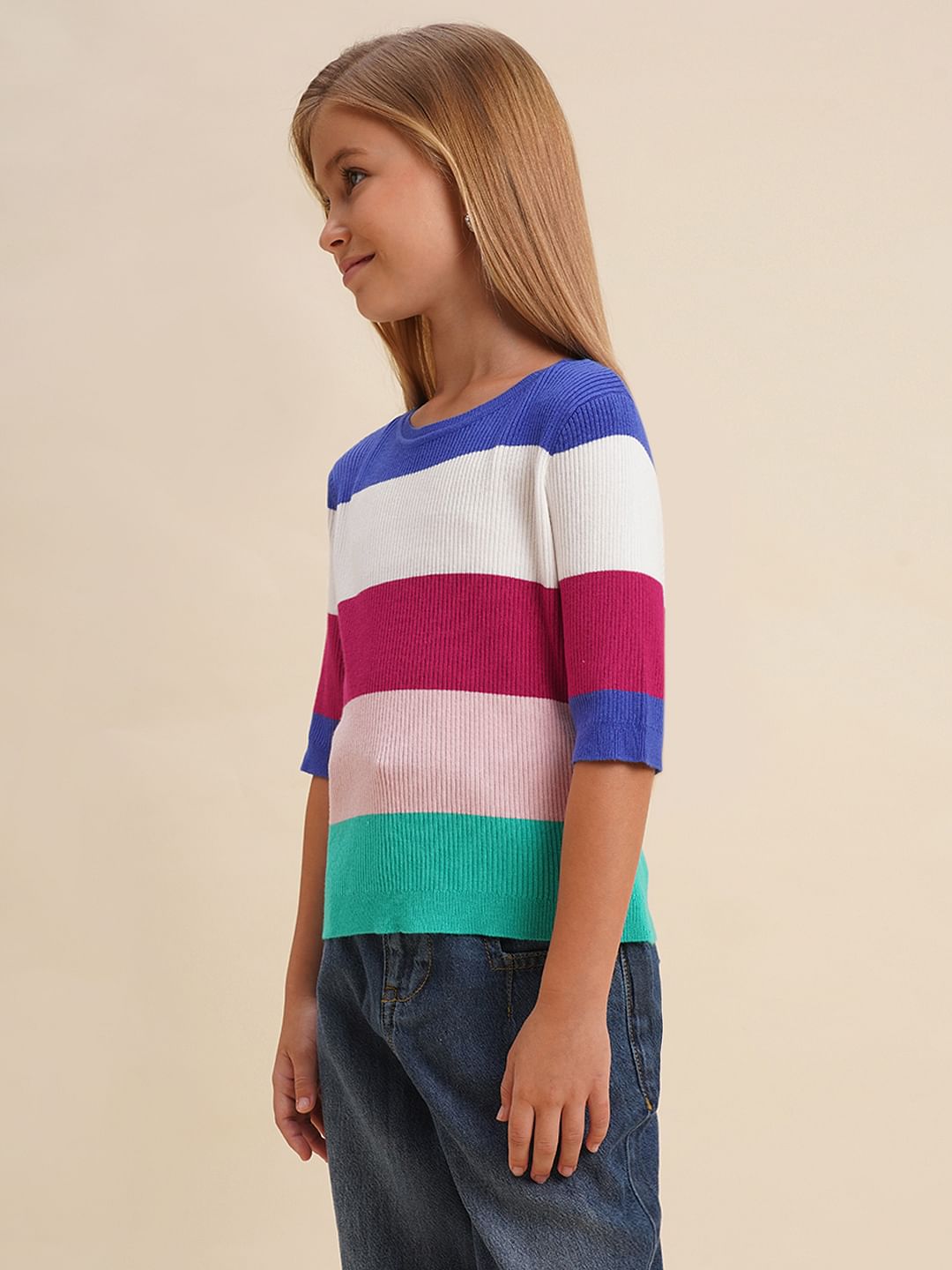 Girls Pink Colourblocked Knitted T-Shirt
