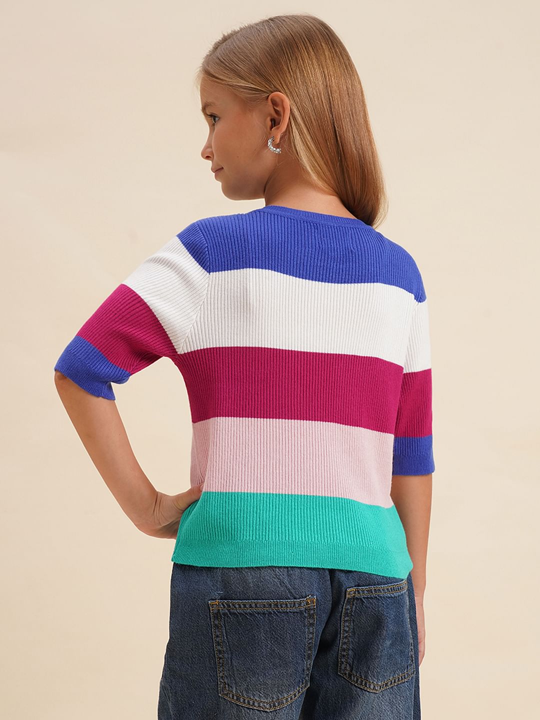 Girls Pink Colourblocked Knitted T-Shirt