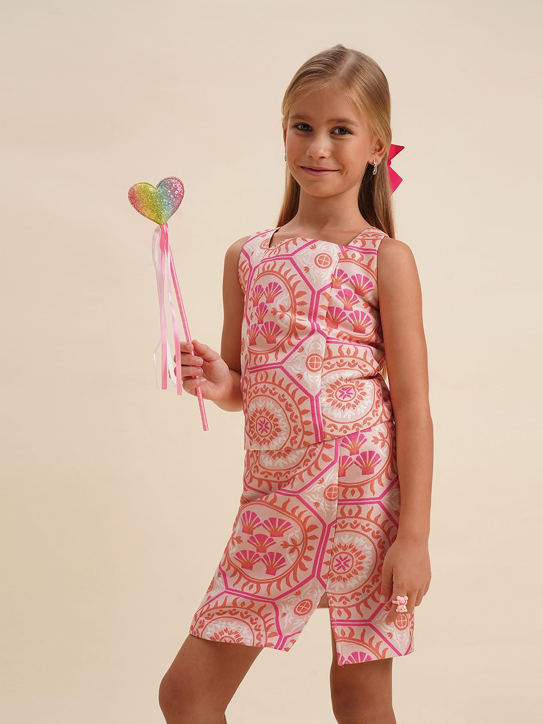 Girls Pink Printed Co-Ord Set Top