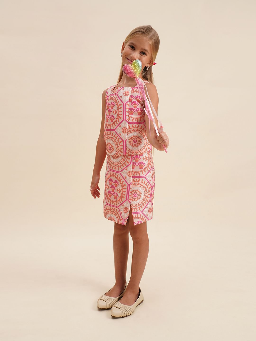 Girls Pink Printed Co-Ord Set Top