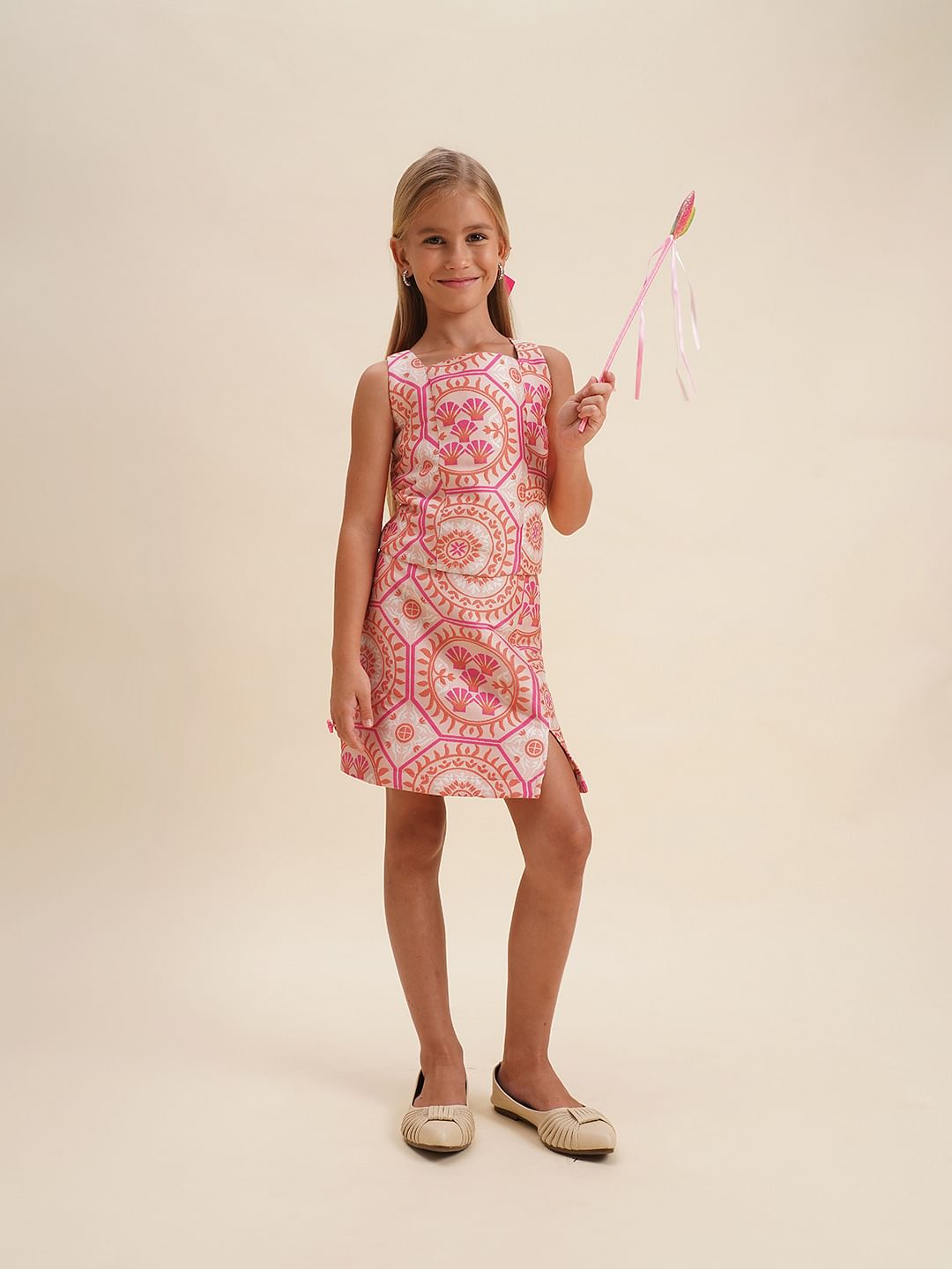 Girls Pink Printed Co-Ord Set Skirt