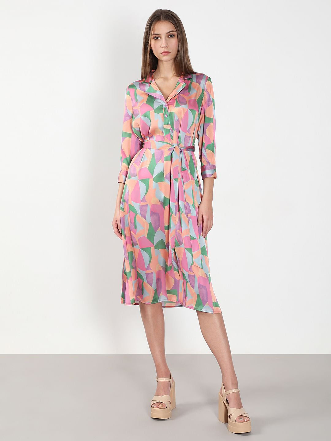 Pink Abstract Print Shirt Dress
