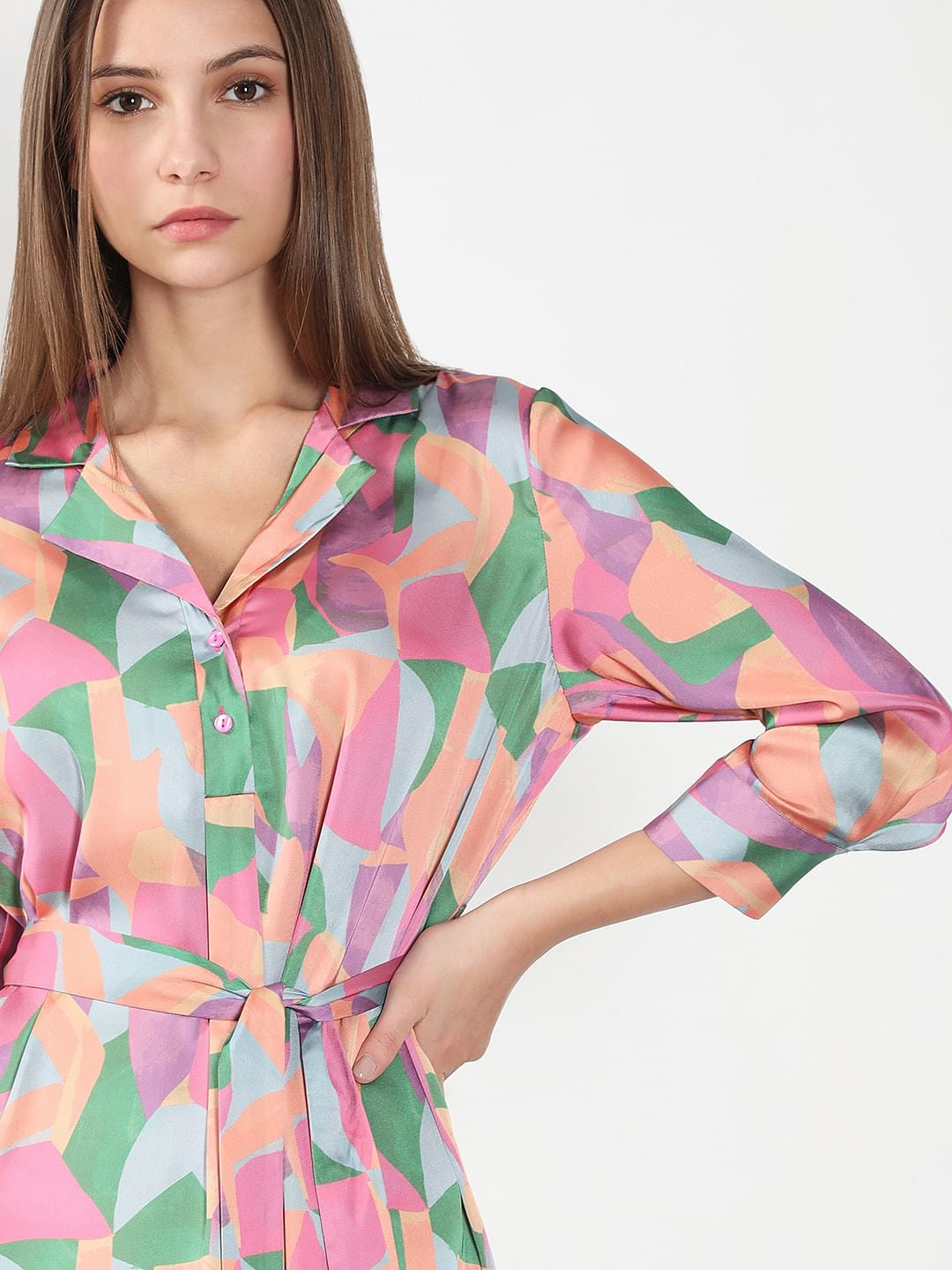 Pink Abstract Print Shirt Dress