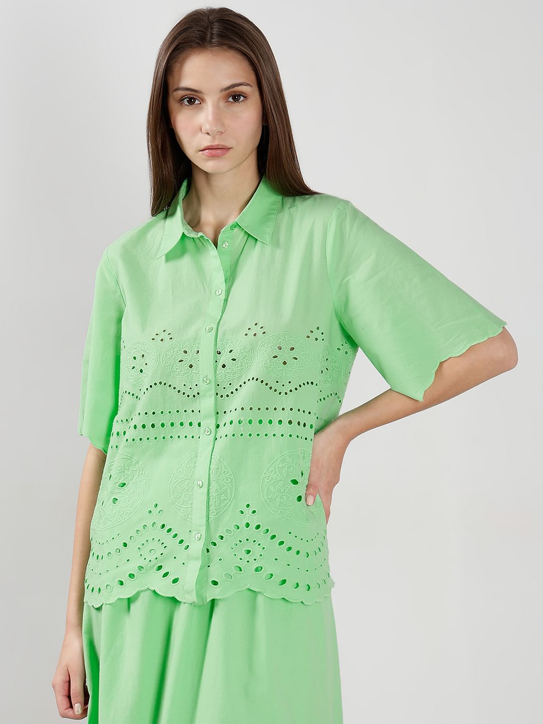 Green Cutwork Co-Ord Set Shirt