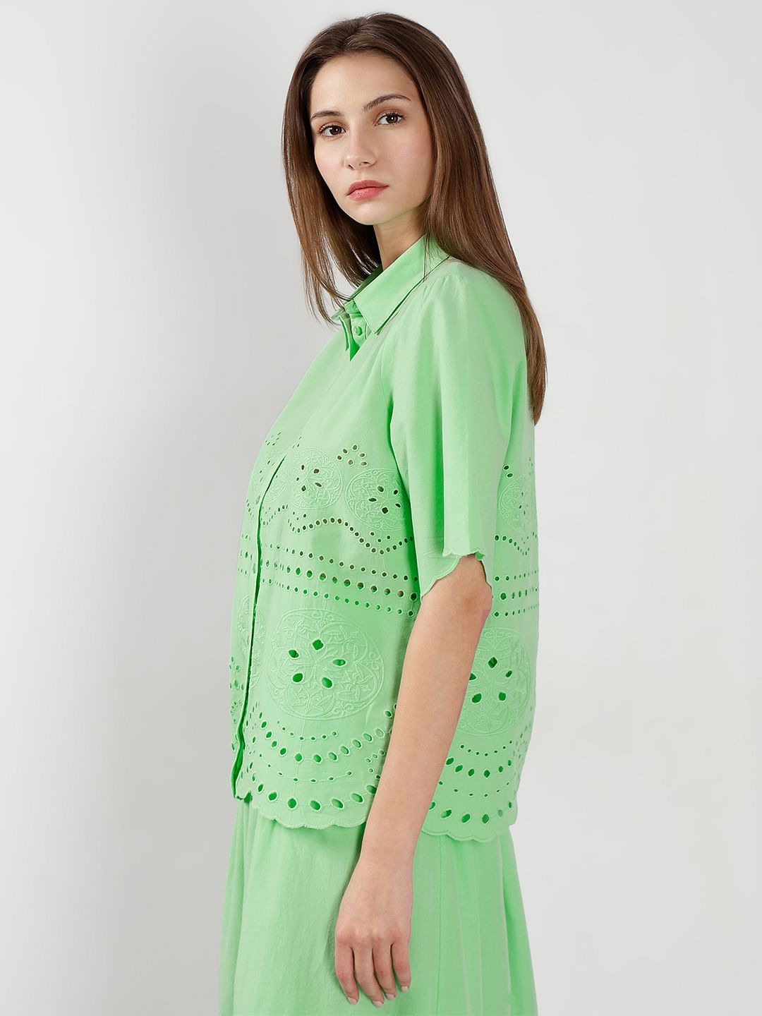 Green Cutwork Co-Ord Set Shirt