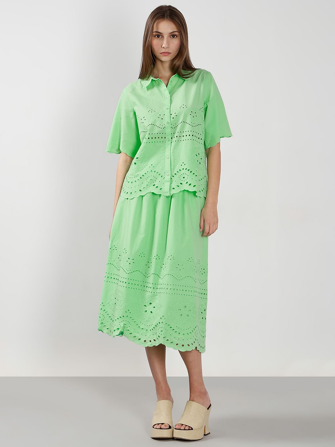 Green Cutwork Co-Ord Set Shirt
