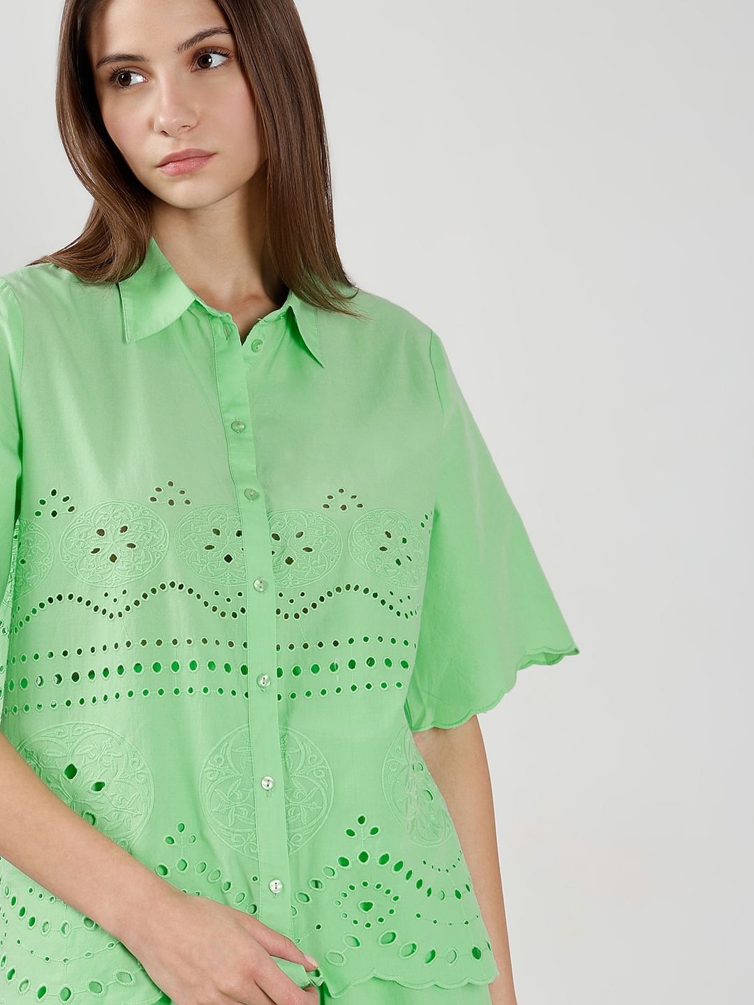 Green Cutwork Co-Ord Set Shirt