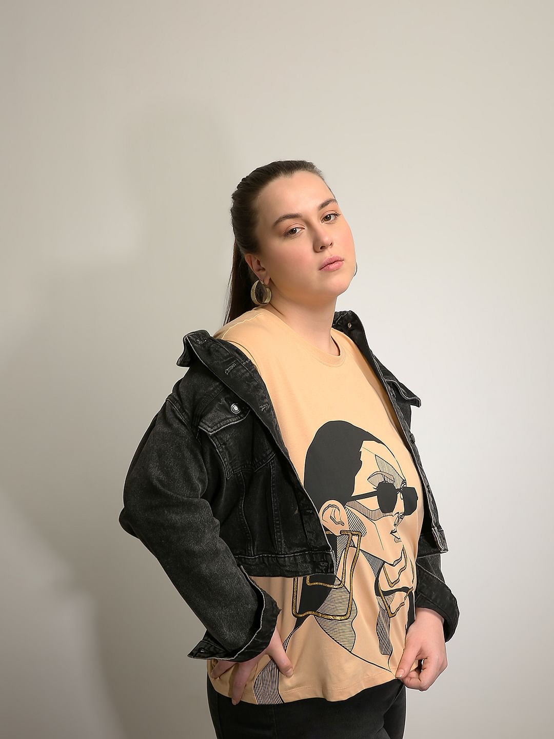 Curve Beige Printed Cotton T-Shirt