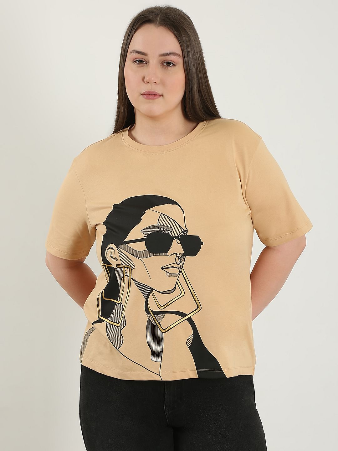 Curve Beige Printed Cotton T-Shirt