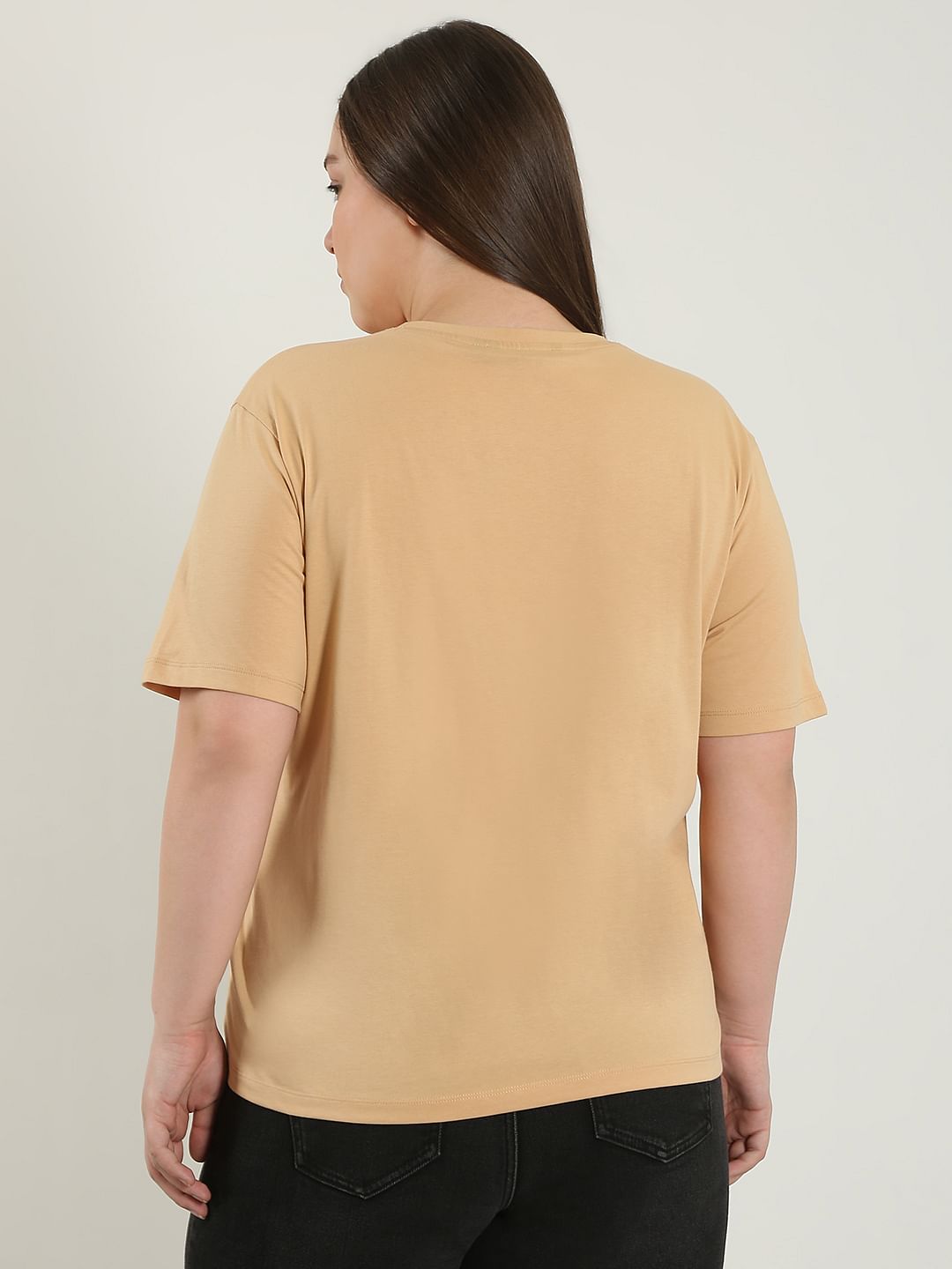 Curve Beige Printed Cotton T-Shirt