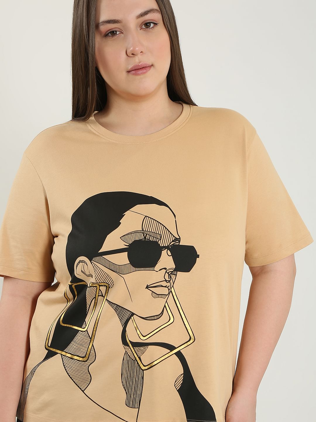 Curve Beige Printed Cotton T-Shirt