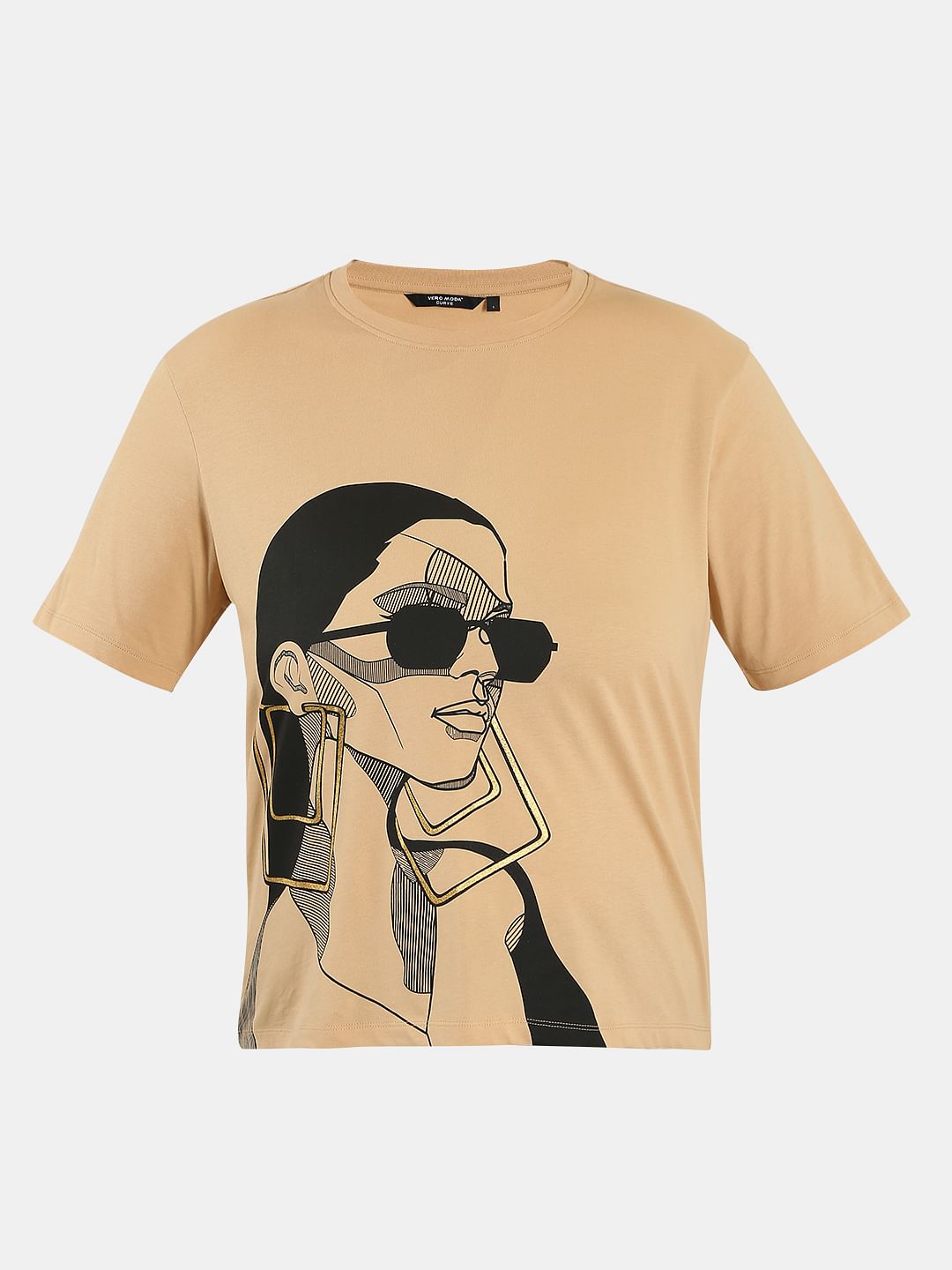 Curve Beige Printed Cotton T-Shirt