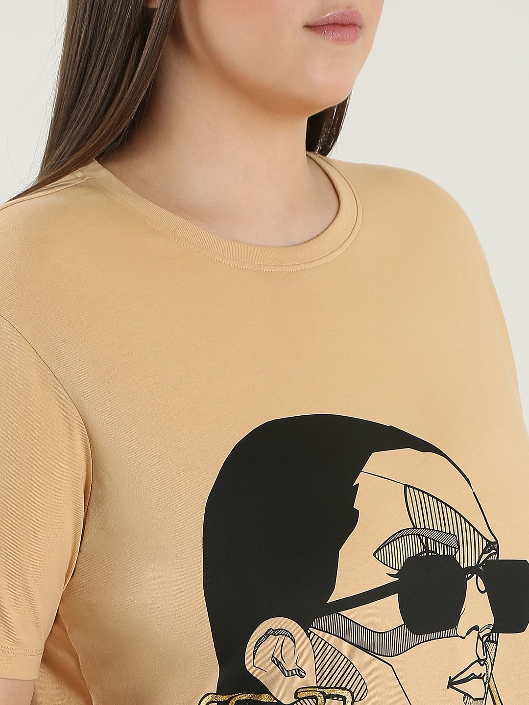 Curve Beige Printed Cotton T-Shirt