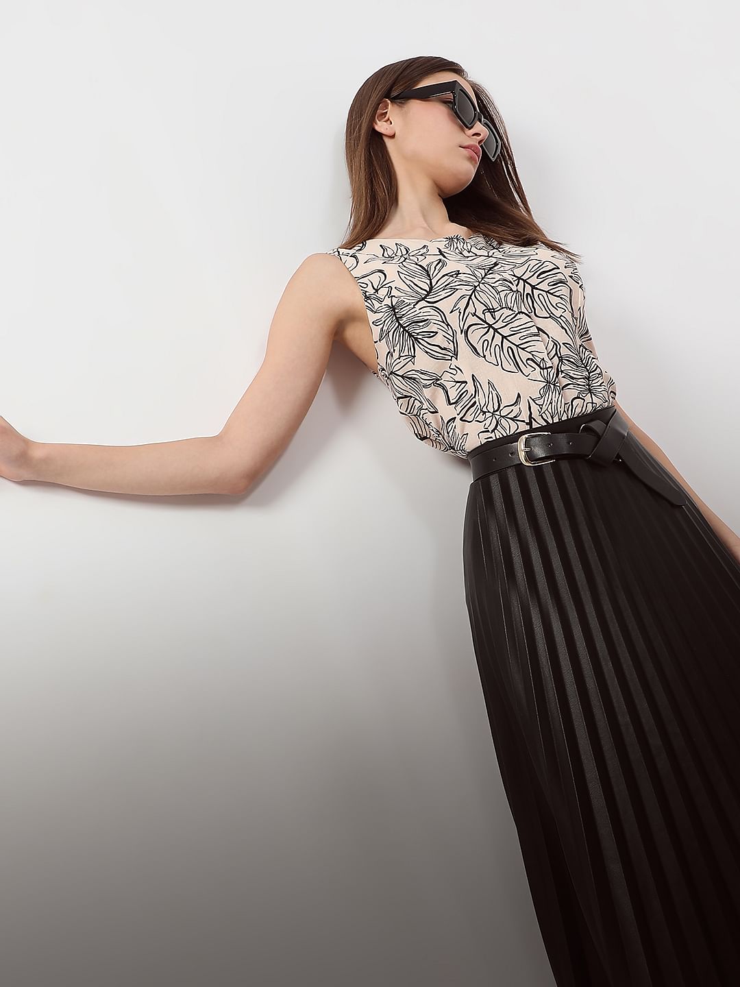 Beige Printed Sleeveless Top