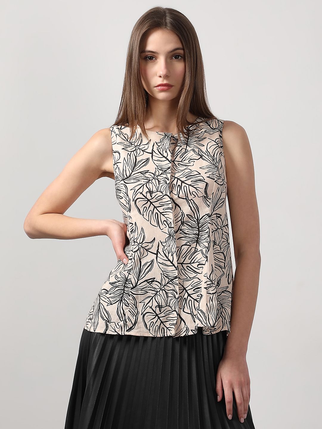 Beige Printed Sleeveless Top