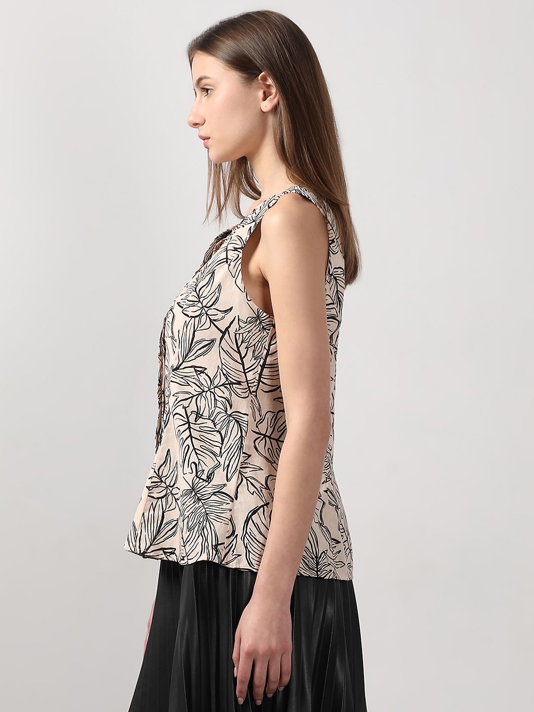 Beige Printed Sleeveless Top