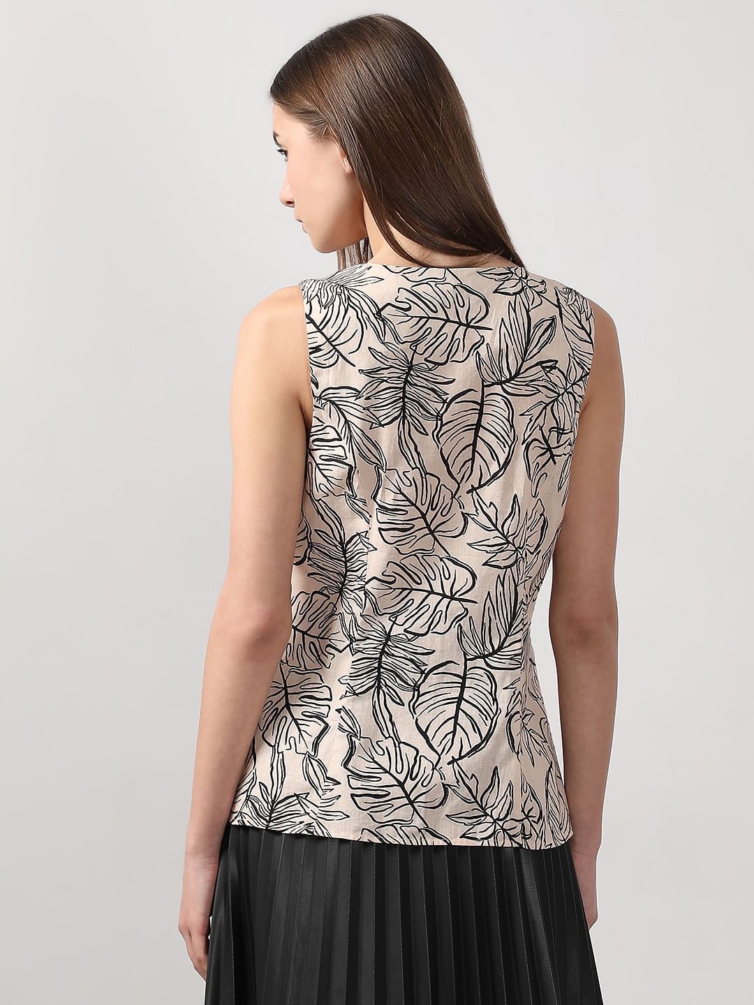 Beige Printed Sleeveless Top