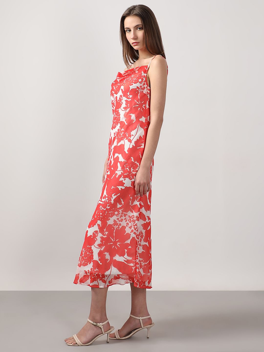 Red & White Printed Waterfall Dress