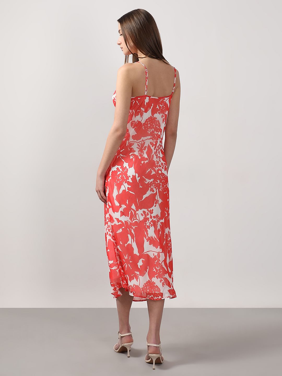 Red & White Printed Waterfall Dress