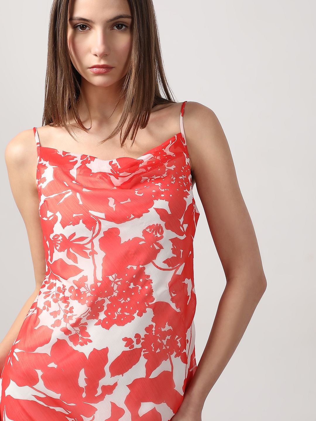 Red & White Printed Waterfall Dress