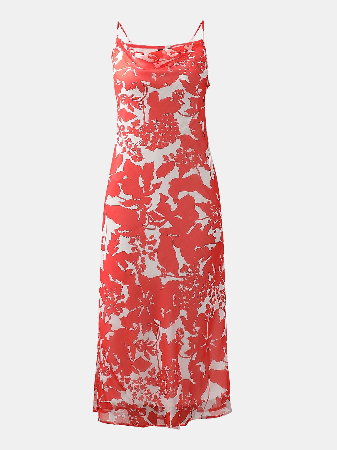 Red & White Printed Waterfall Dress