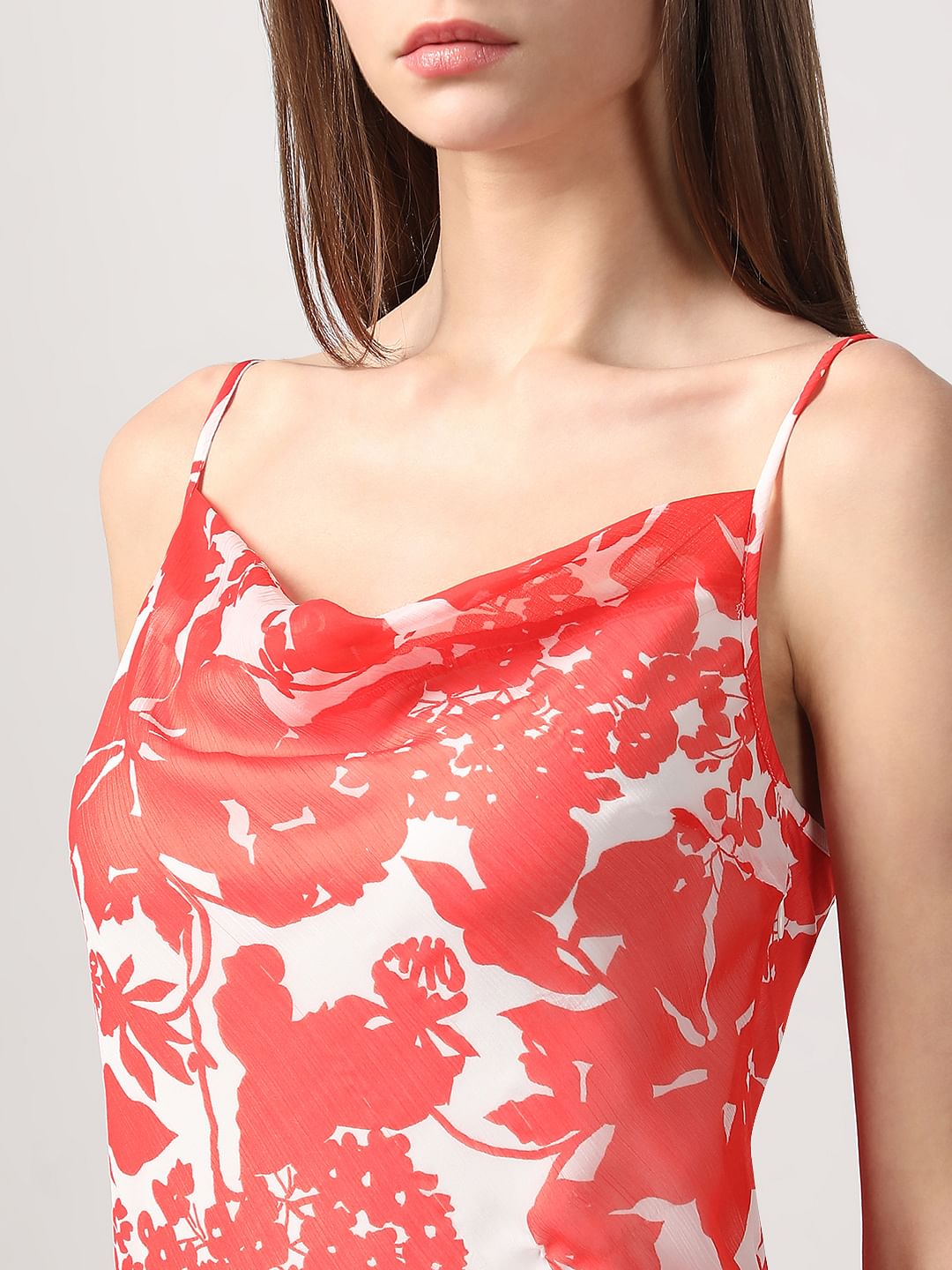 Red & White Printed Waterfall Dress