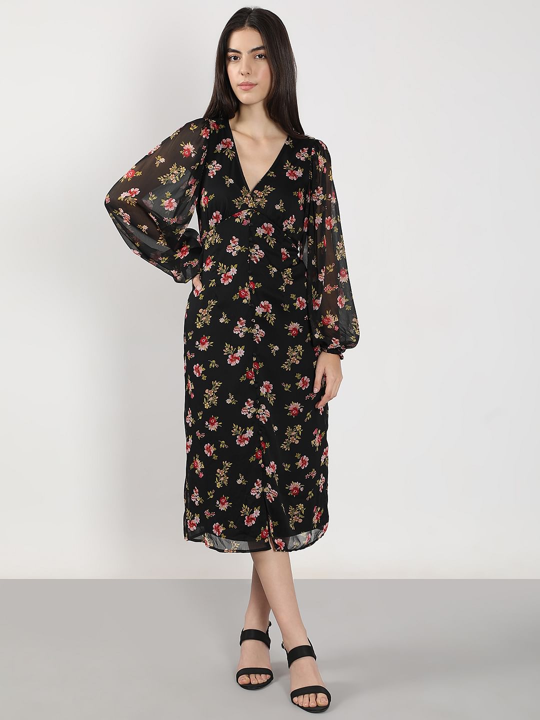 Black Floral Midi Dress