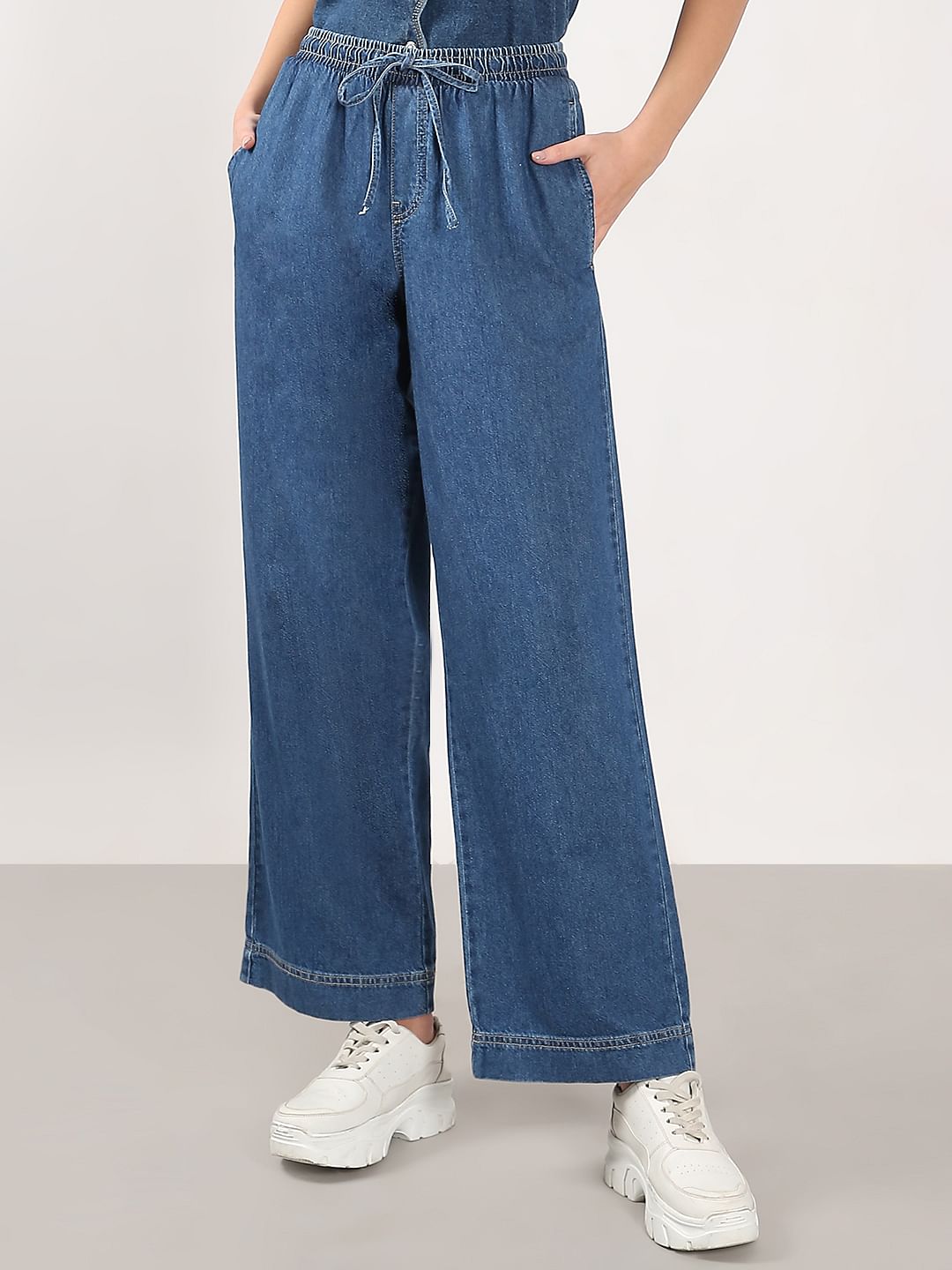 Blue Mid Rise Pull Up Denim Pants