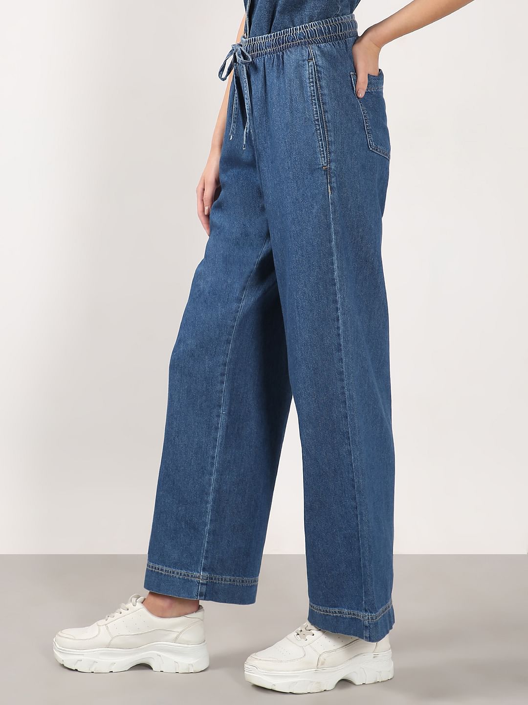 Blue Mid Rise Pull Up Denim Pants