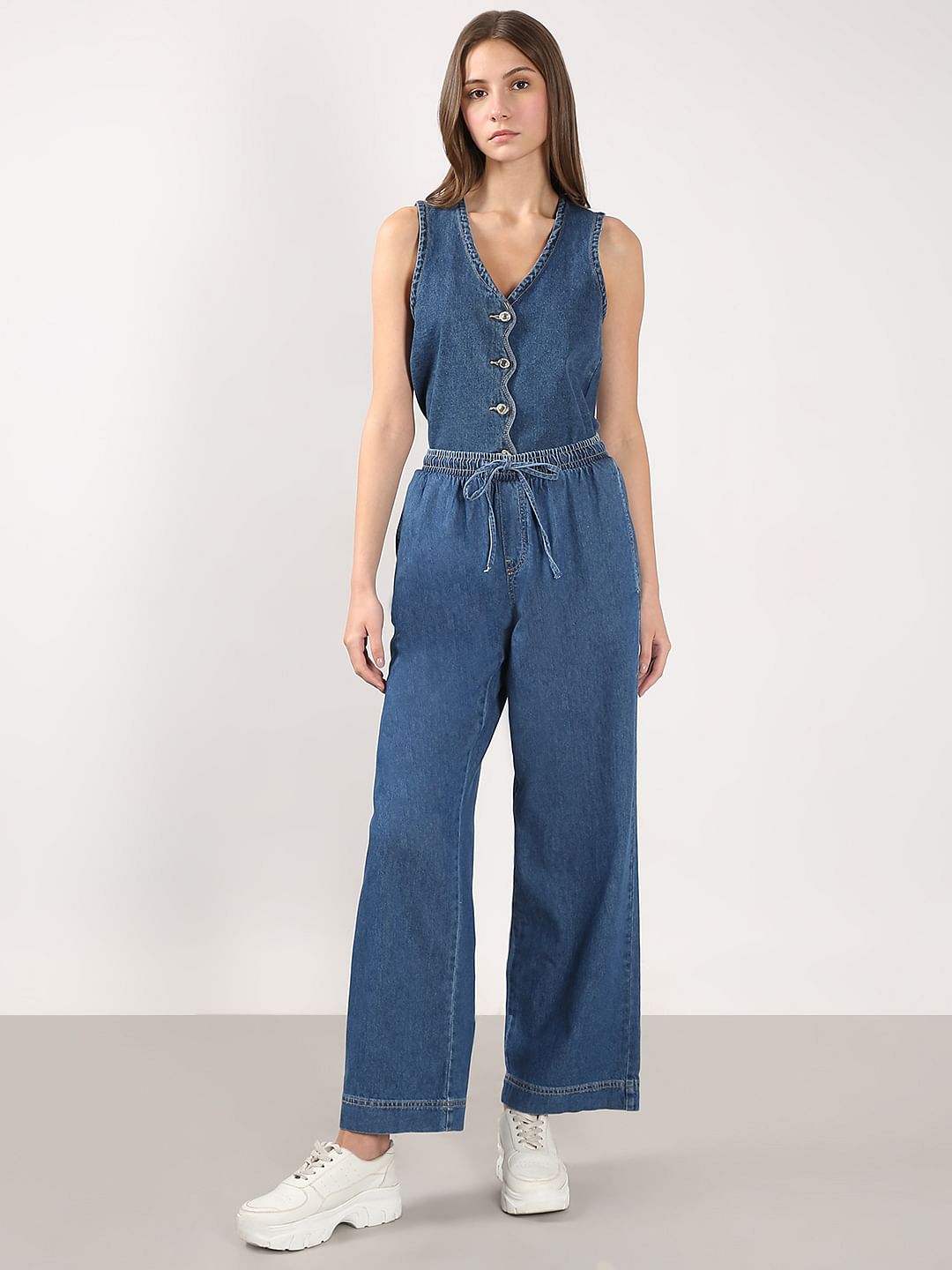 Blue Mid Rise Pull Up Denim Pants