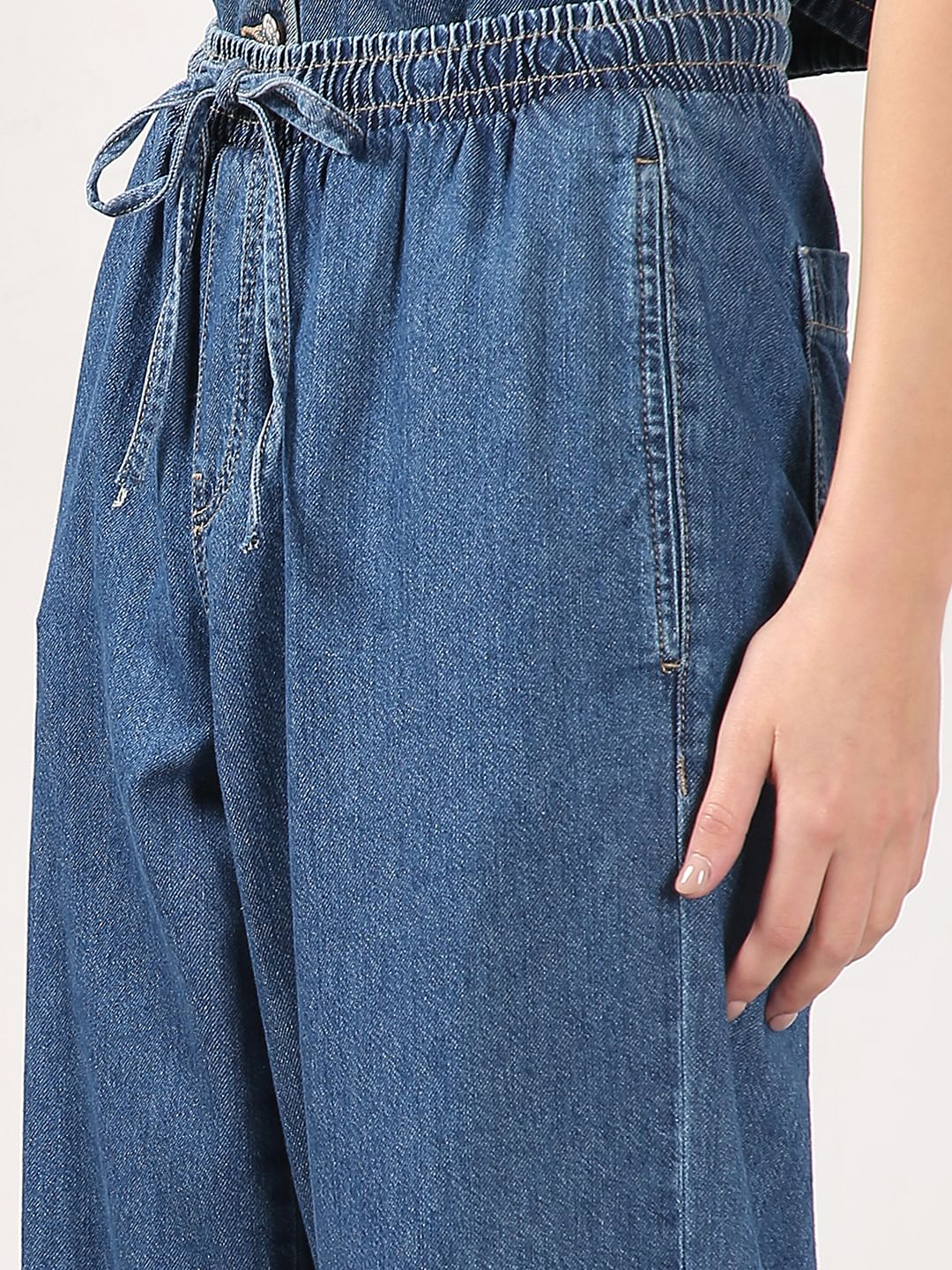 Blue Mid Rise Pull Up Denim Pants