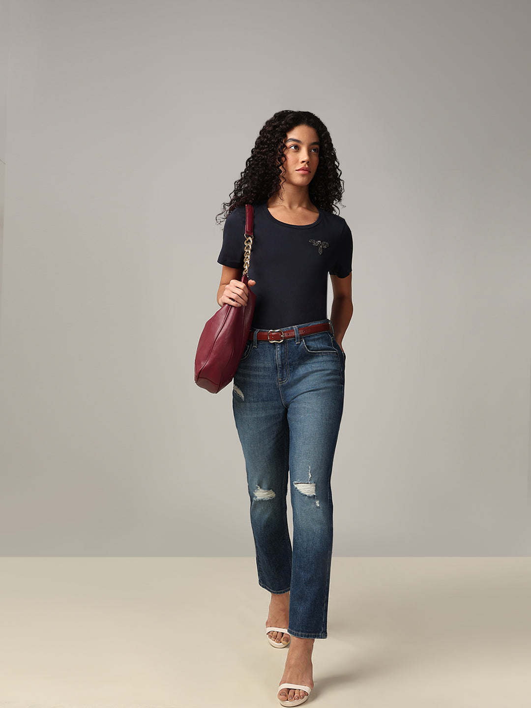 Mid-Blue Distressed Straight Fit Jeans