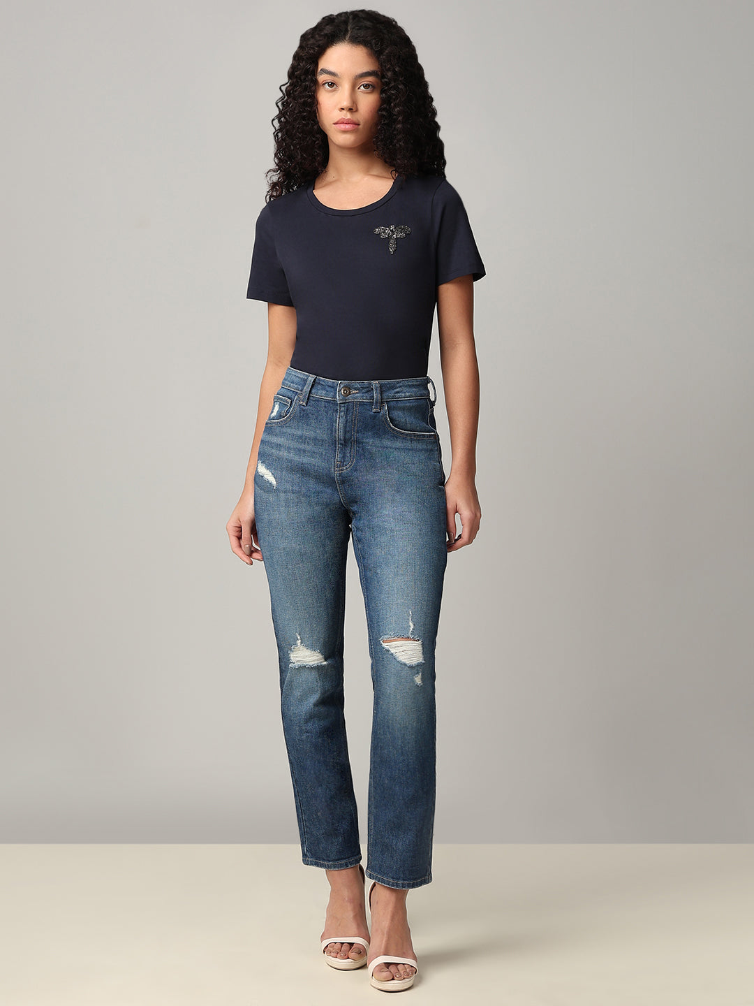 Mid-Blue Distressed Straight Fit Jeans