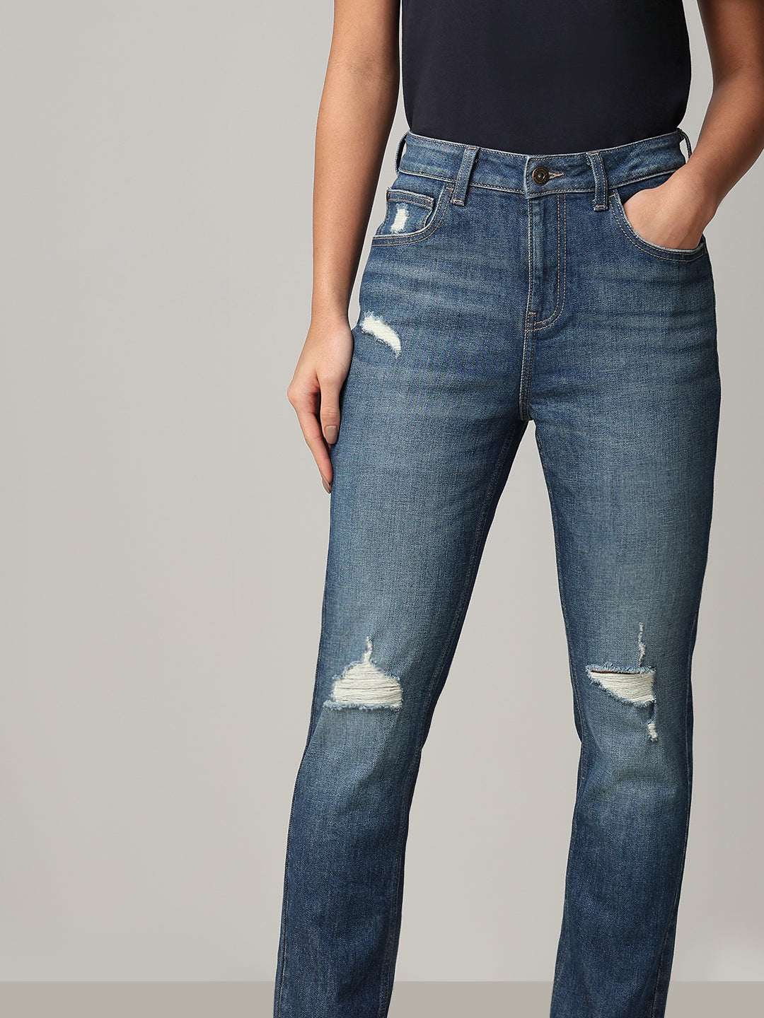 Mid-Blue Distressed Straight Fit Jeans